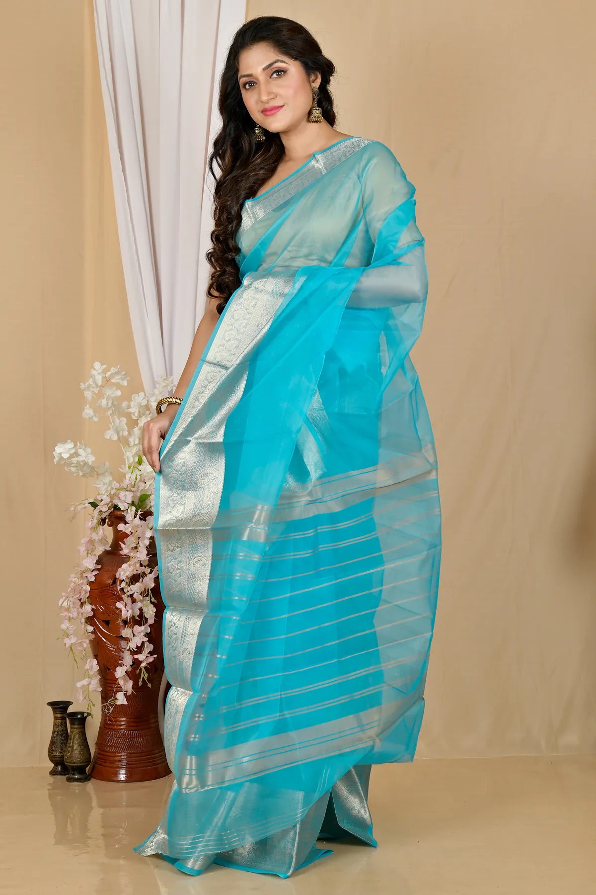DipDiya Blended Cotton Sky Blue Sikto Traditional Elegance Handloom Sarees