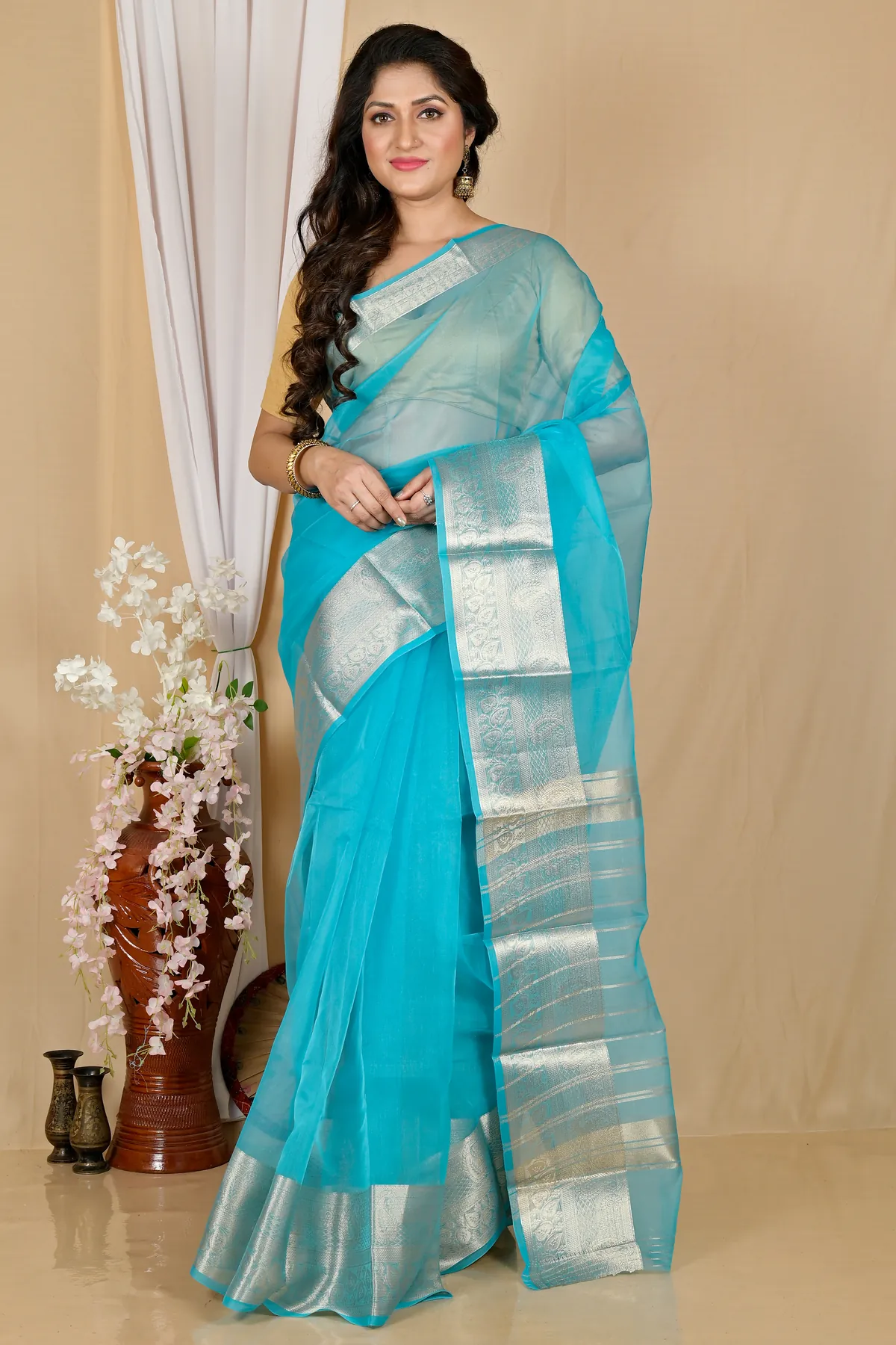 DipDiya Blended Cotton Sky Blue Sikto Traditional Elegance Handloom Sarees
