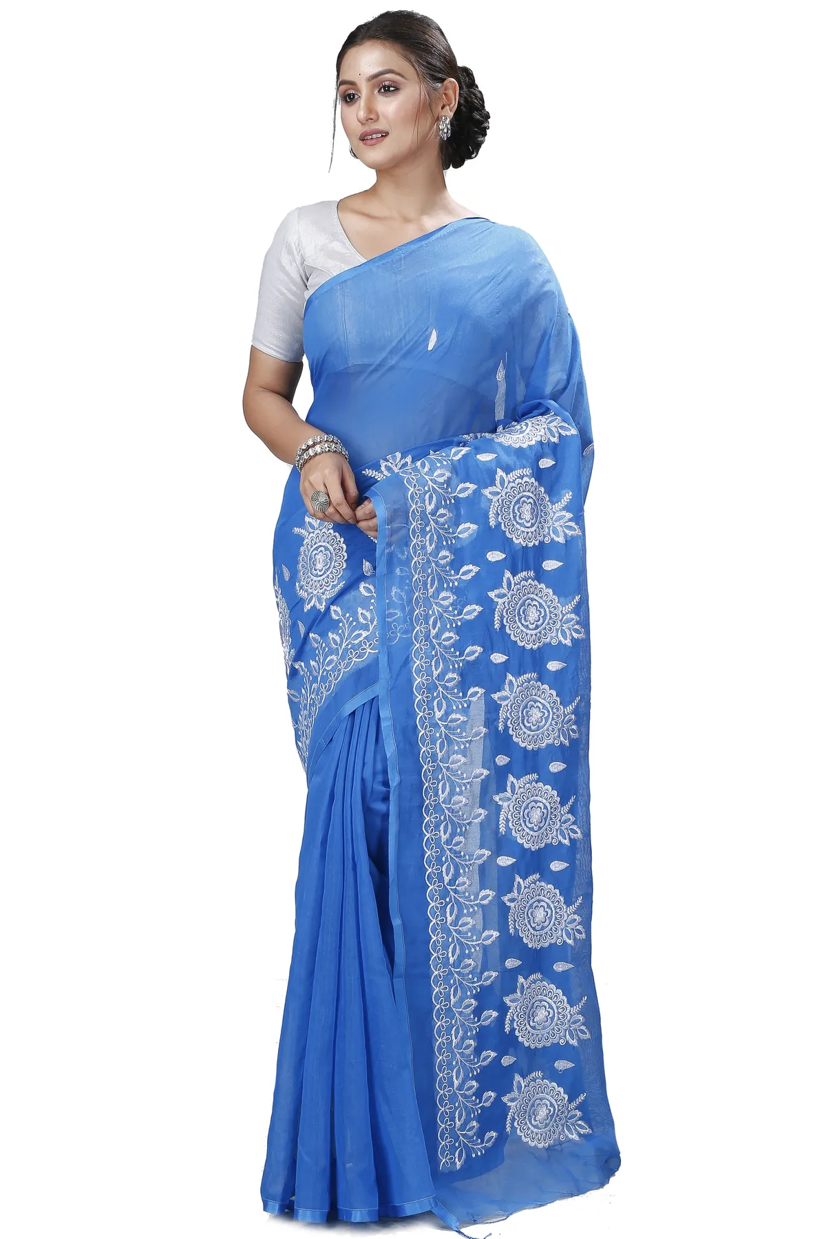 DipDiya Blended Cotton Sky Blue Tabu Woven by Hand Handloom Sarees