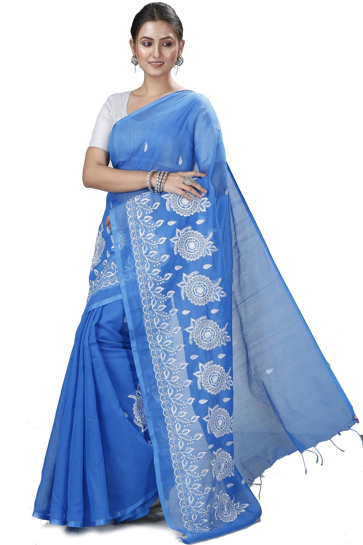 DipDiya Blended Cotton Sky Blue Tabu Woven by Hand Handloom Sarees