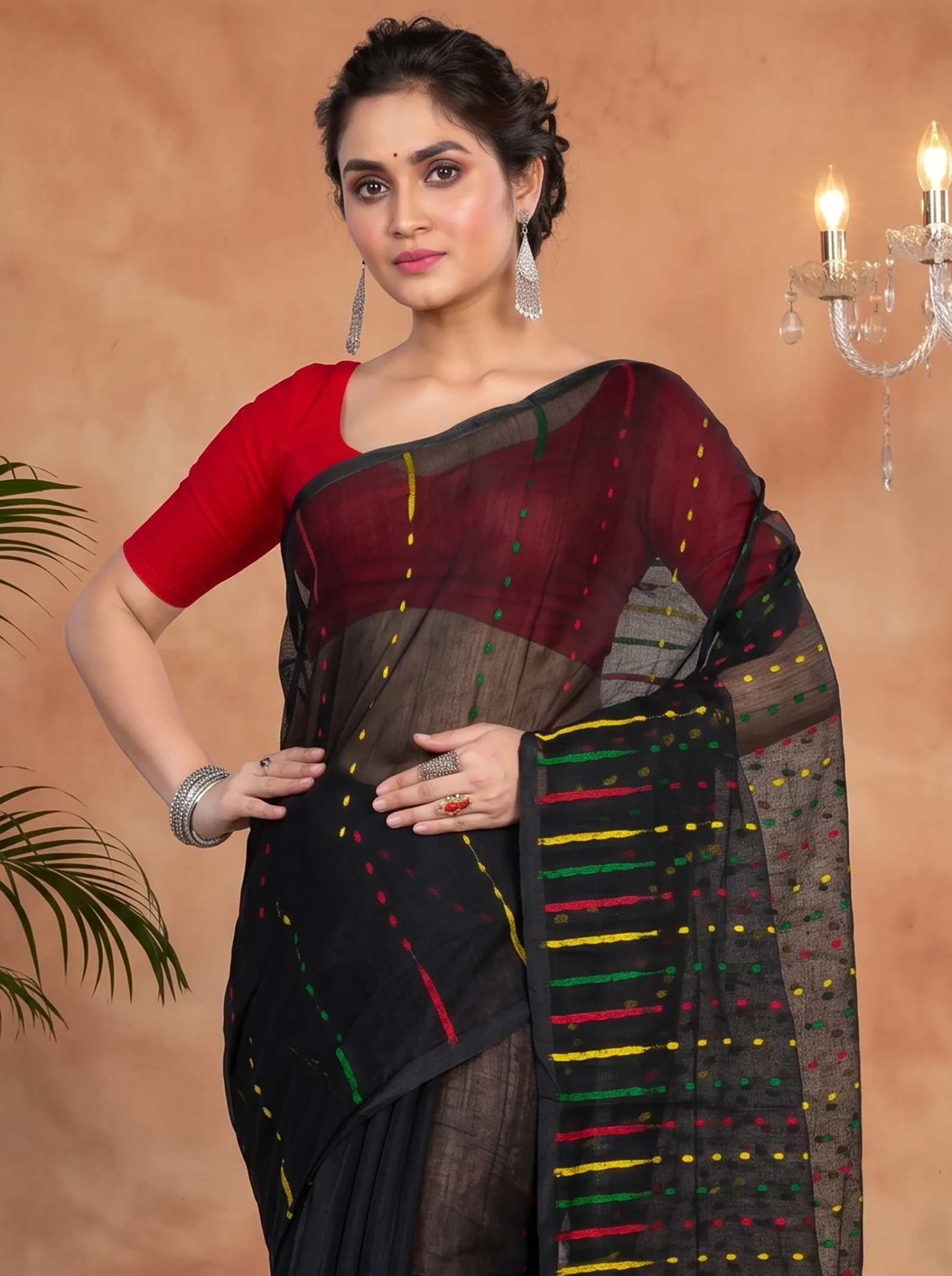DipDiya Blended Cotton  Traditional Bengali Black Artisan Crafted HALF JAMDINE Jamdani Saree