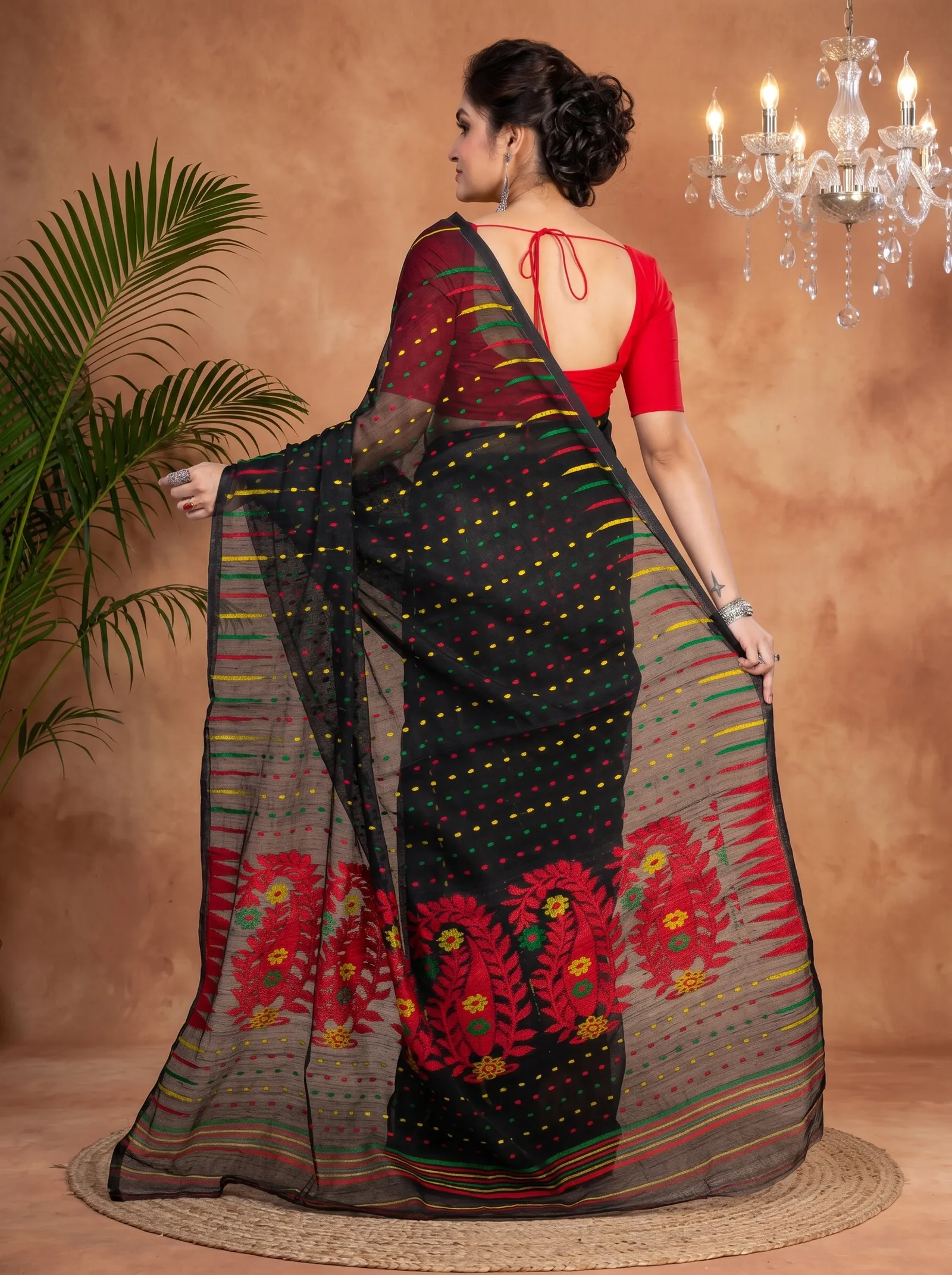 DipDiya Blended Cotton  Traditional Bengali Black Artisan Crafted HALF JAMDINE Jamdani Saree