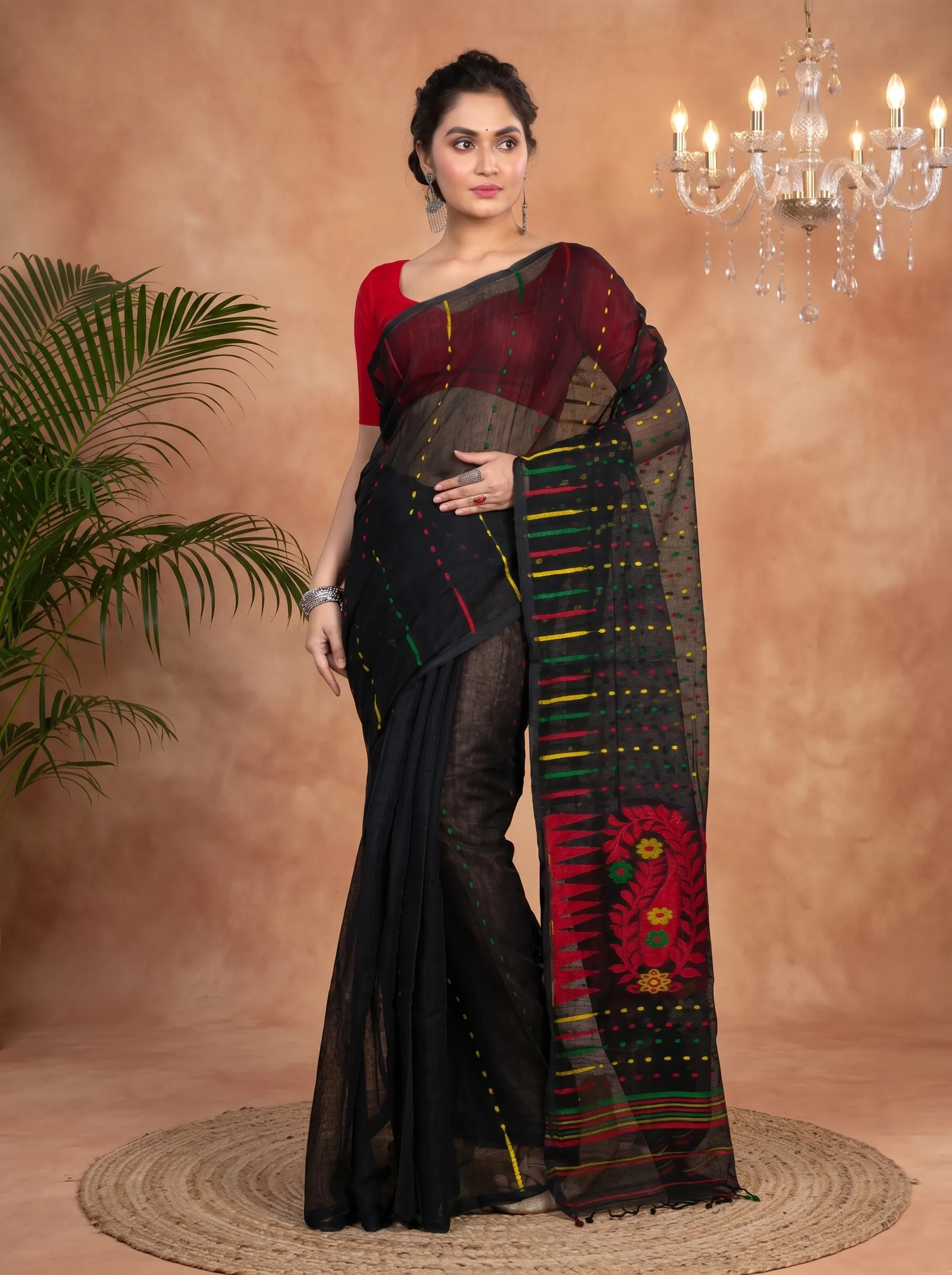 DipDiya Blended Cotton  Traditional Bengali Black Artisan Crafted HALF JAMDINE Jamdani Saree