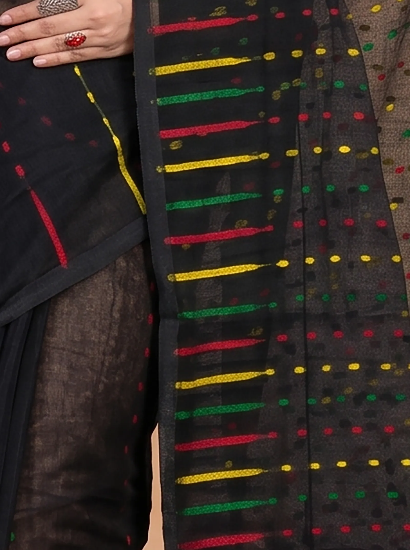 DipDiya Blended Cotton  Traditional Bengali Black Artisan Crafted HALF JAMDINE Jamdani Saree