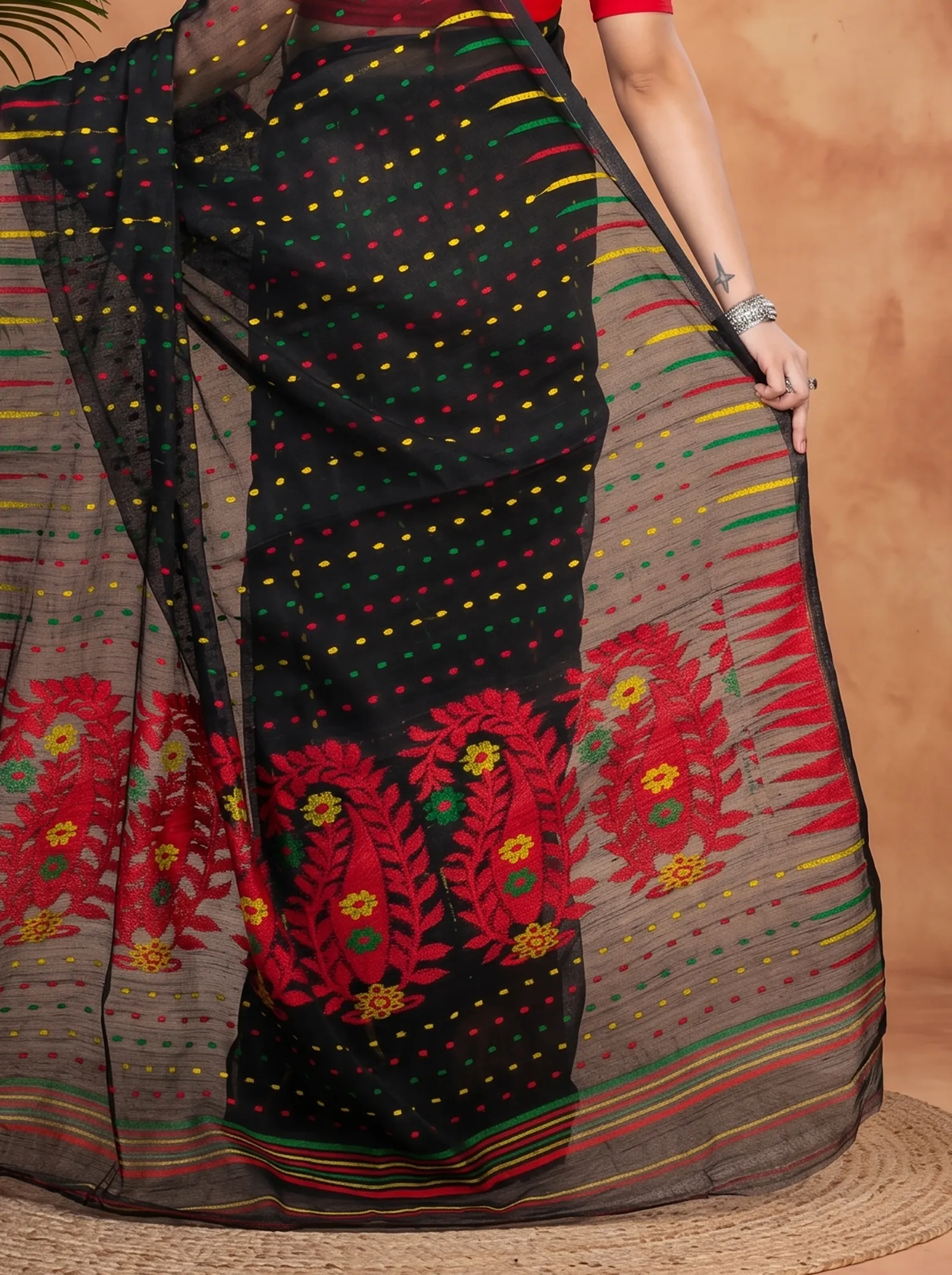 DipDiya Blended Cotton  Traditional Bengali Black Artisan Crafted HALF JAMDINE Jamdani Saree