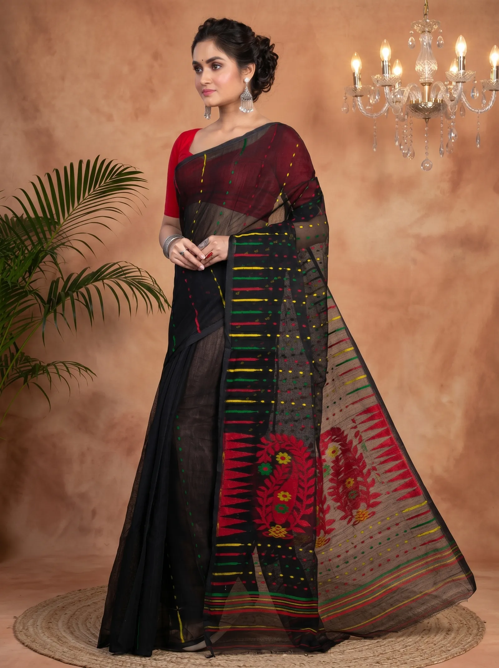 DipDiya Blended Cotton  Traditional Bengali Black Artisan Crafted HALF JAMDINE Jamdani Saree