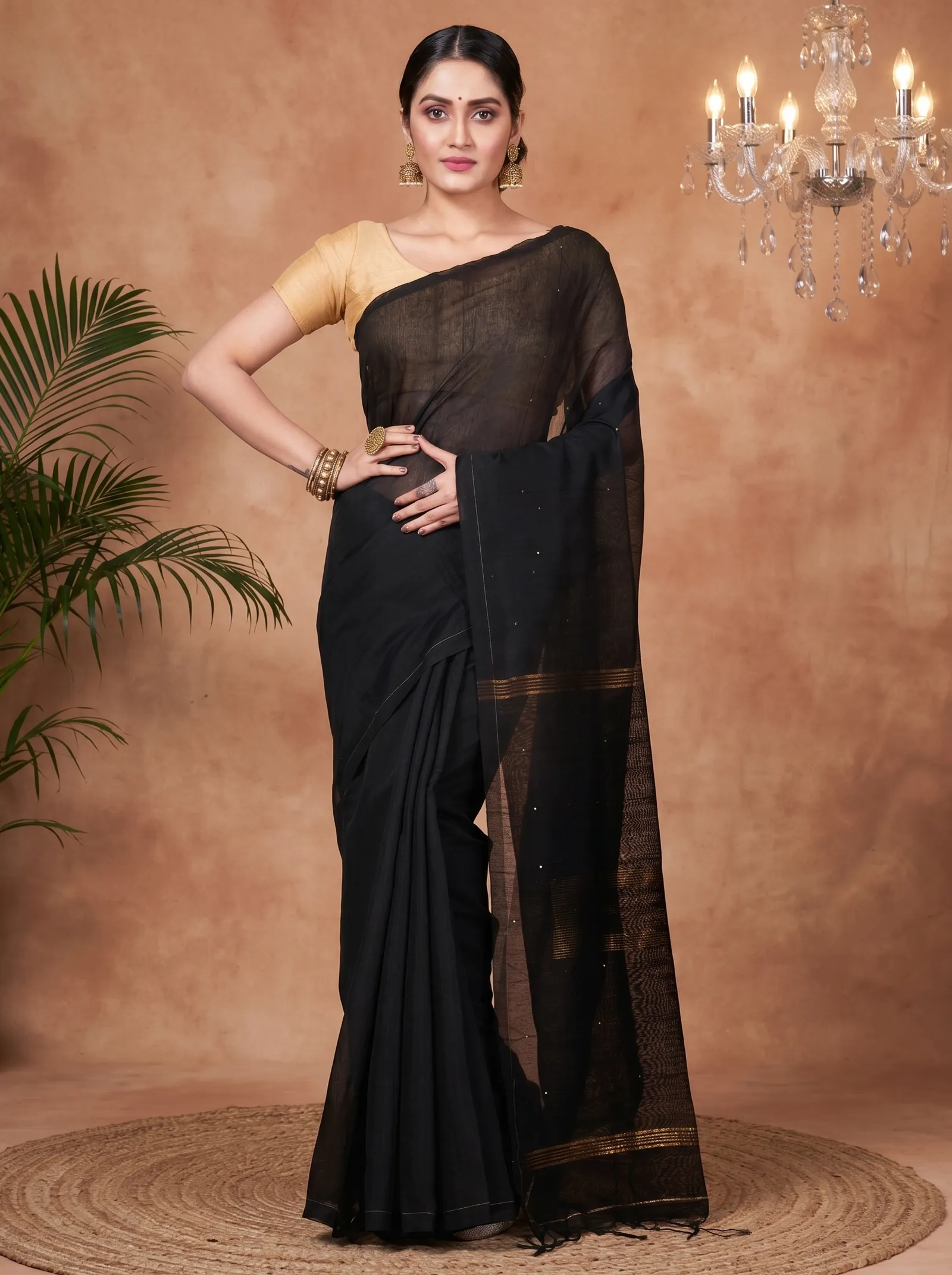 DipDiya Blended Cotton  Traditional Bengali Black Artisan Crafted Sequence Handloom Saree
