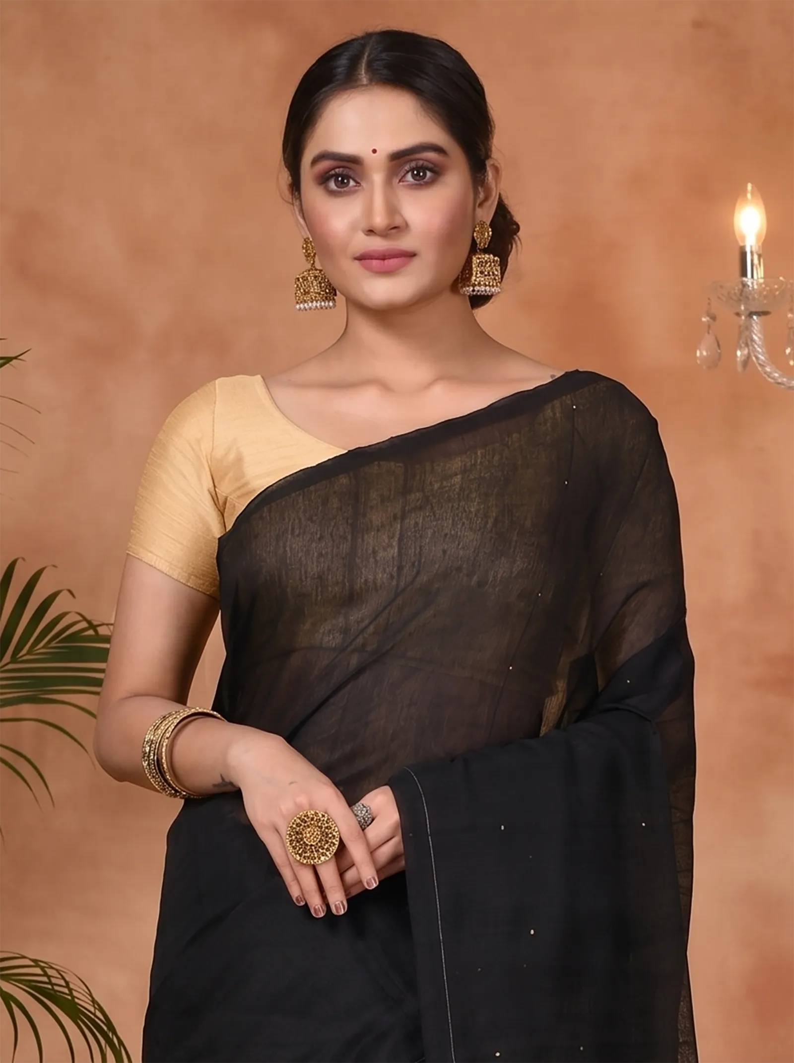 DipDiya Blended Cotton  Traditional Bengali Black Artisan Crafted Sequence Handloom Saree