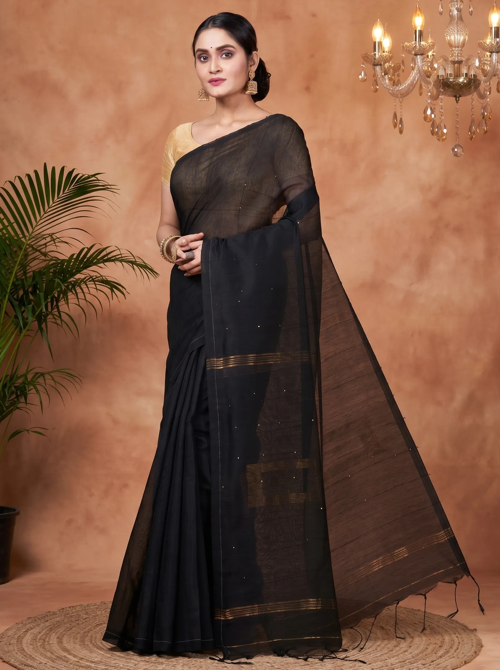 DipDiya Blended Cotton  Traditional Bengali Black Artisan Crafted Sequence Handloom Saree