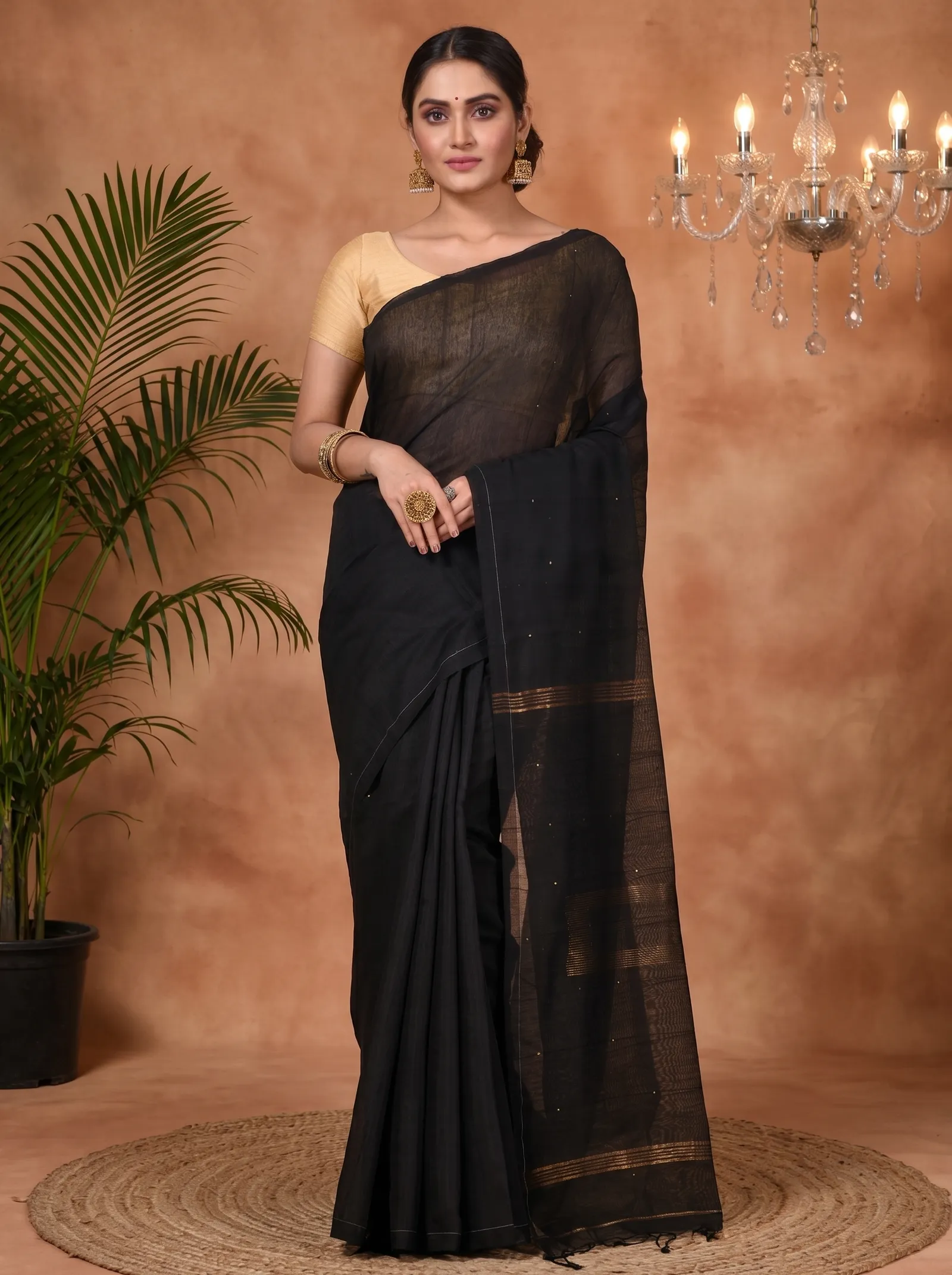 DipDiya Blended Cotton  Traditional Bengali Black Artisan Crafted Sequence Handloom Saree