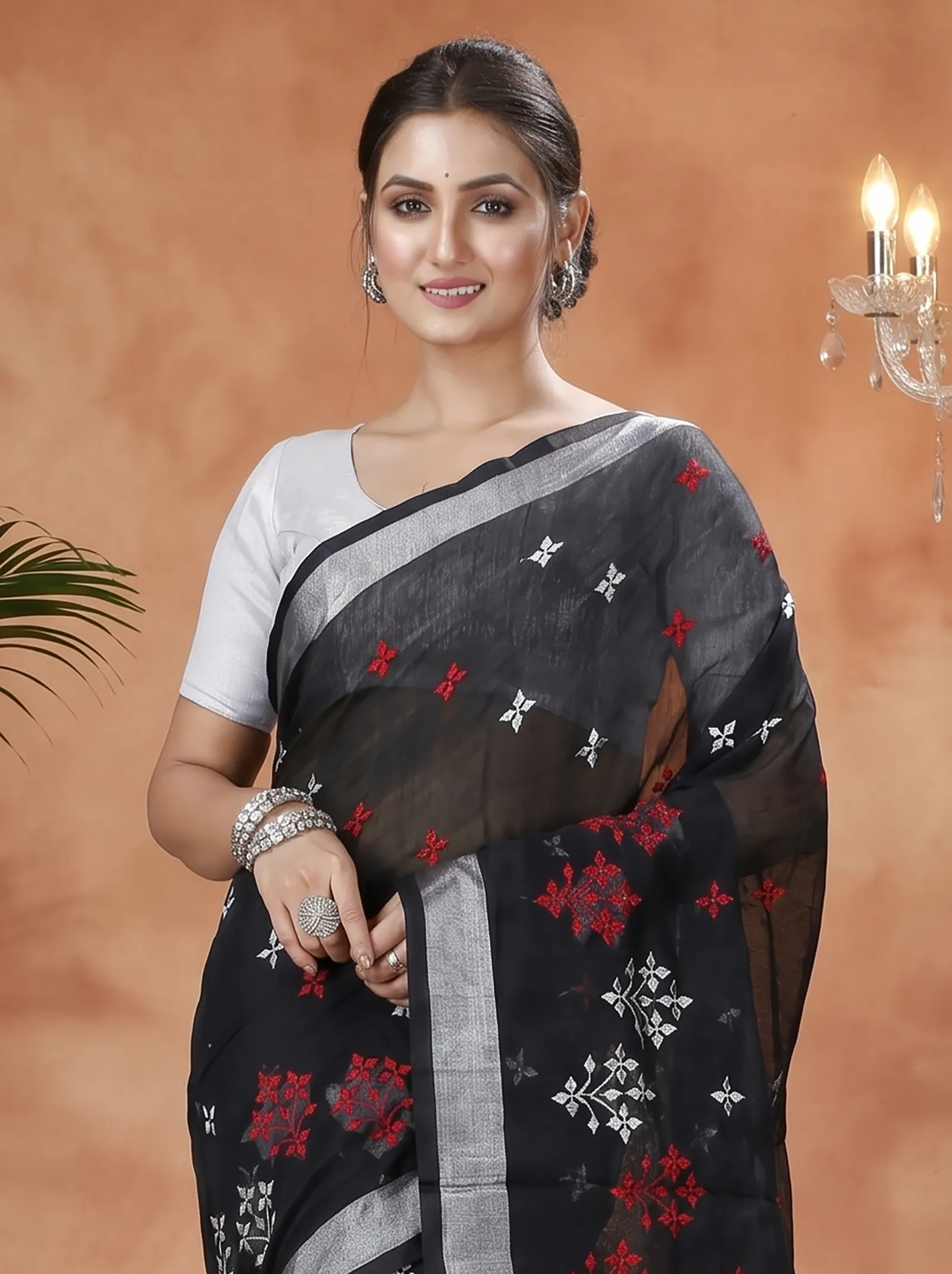 DipDiya Blended Cotton  Traditional Bengali Black Artisan Crafted Tamasi Handloom Saree