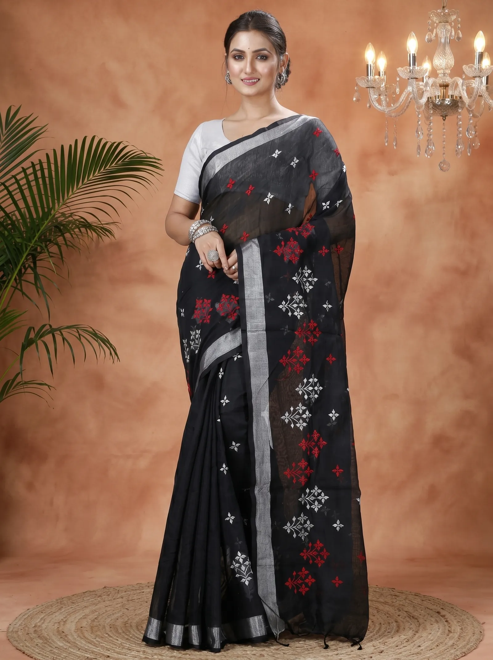 DipDiya Blended Cotton  Traditional Bengali Black Artisan Crafted Tamasi Handloom Saree