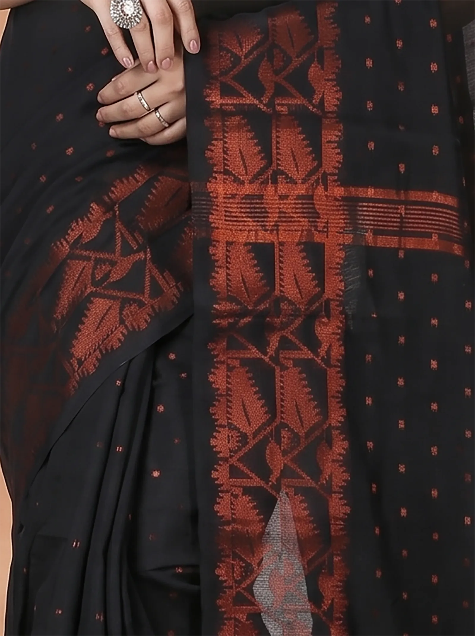 DipDiya Blended Cotton  Traditional Bengali Black Artisan Crafted Temo Handloom Saree