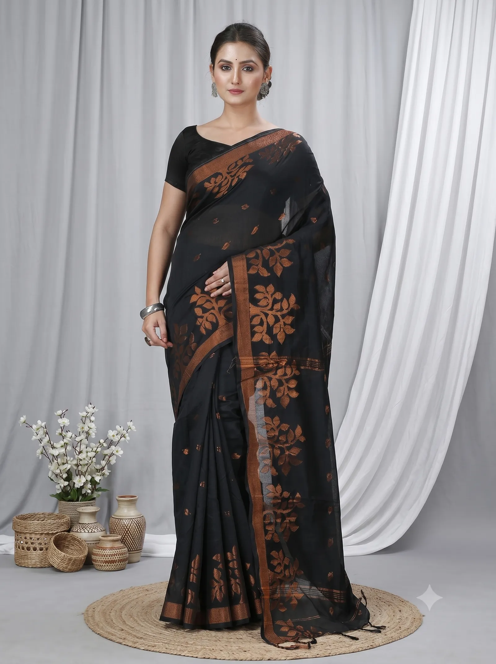 DipDiya Blended Cotton  Traditional Bengali Black Artisan Crafted Tina Handloom Saree
