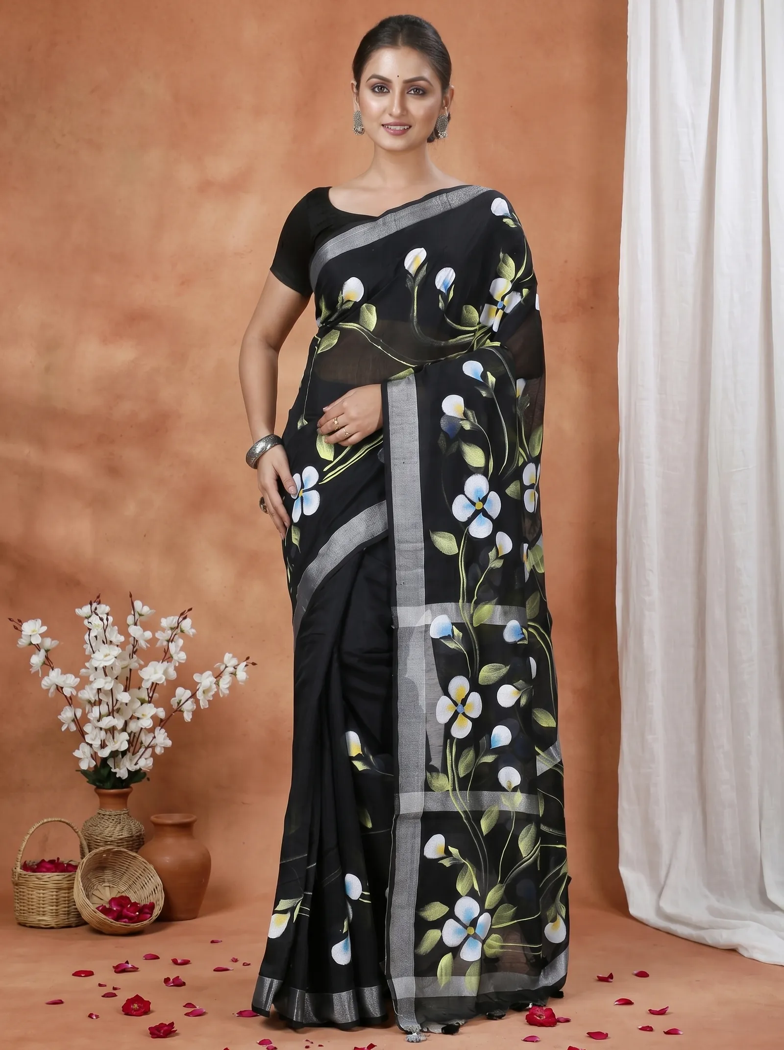 DipDiya Blended Cotton  Traditional Bengali Black Artisan Crafted Tonika Hand Painted Saree