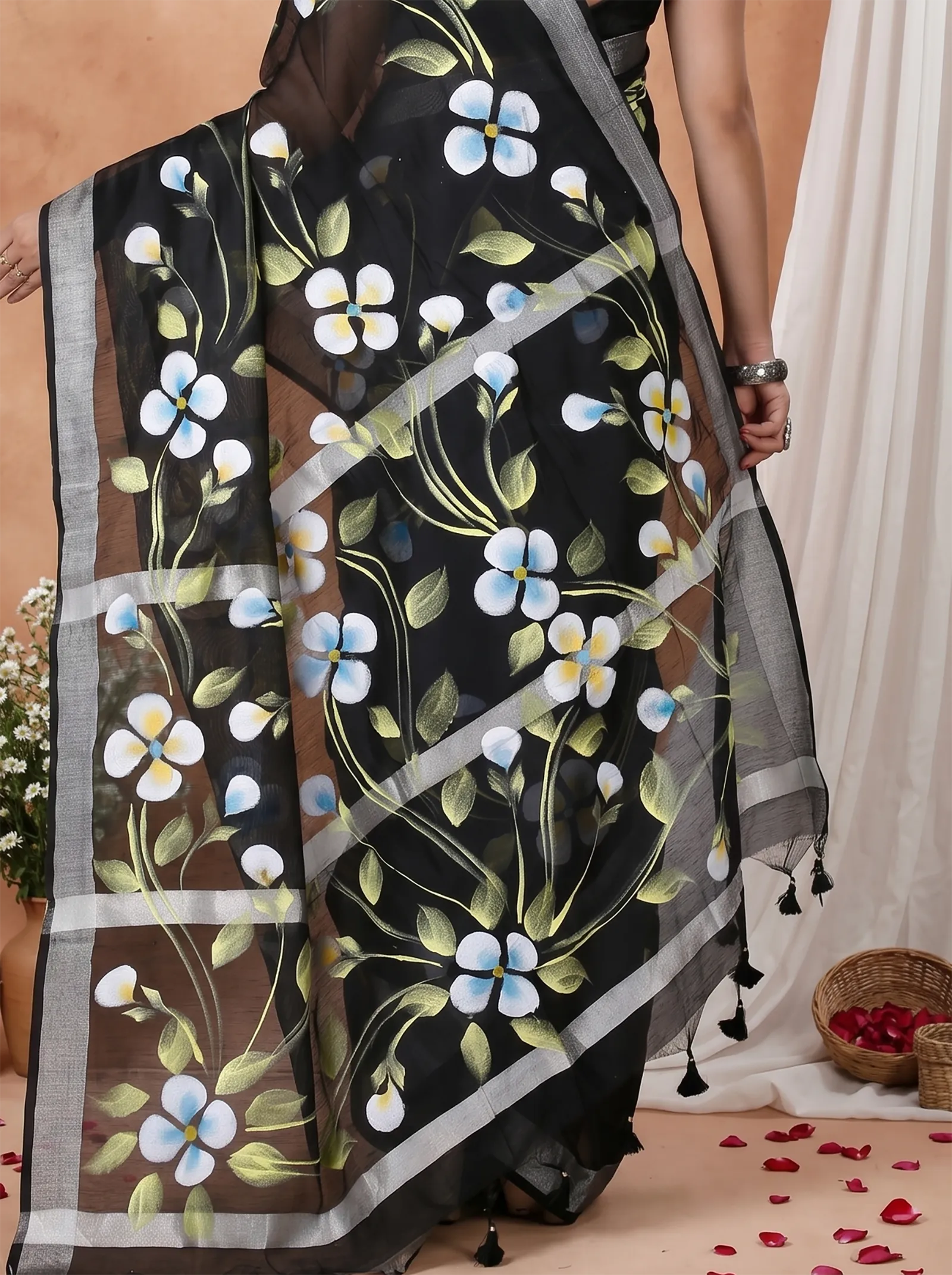 DipDiya Blended Cotton  Traditional Bengali Black Artisan Crafted Tonika Hand Painted Saree