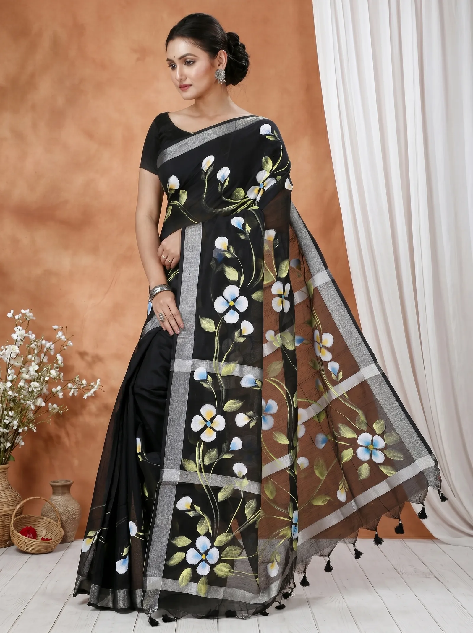 DipDiya Blended Cotton  Traditional Bengali Black Artisan Crafted Tonika Hand Painted Saree