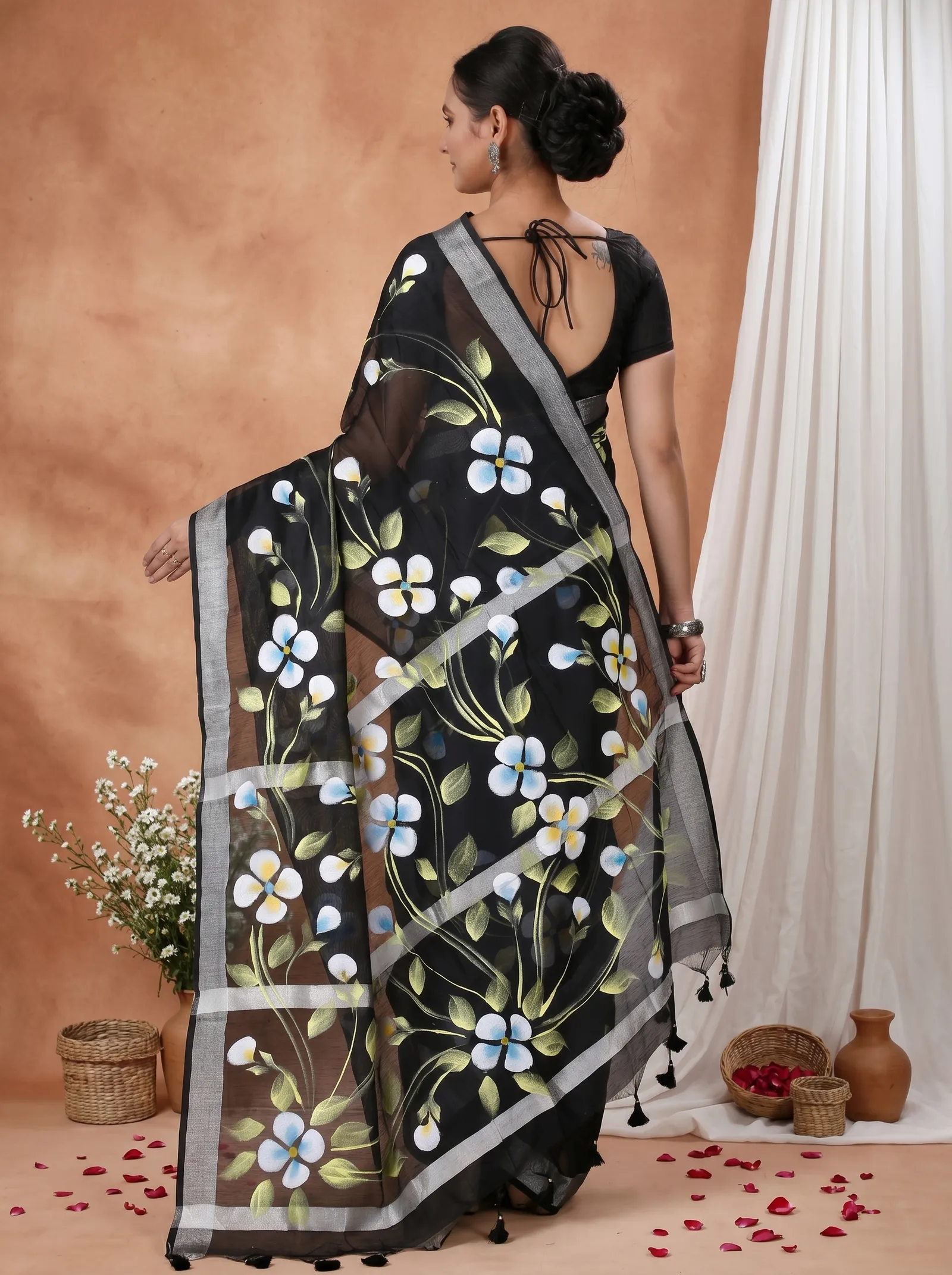 DipDiya Blended Cotton  Traditional Bengali Black Artisan Crafted Tonika Hand Painted Saree