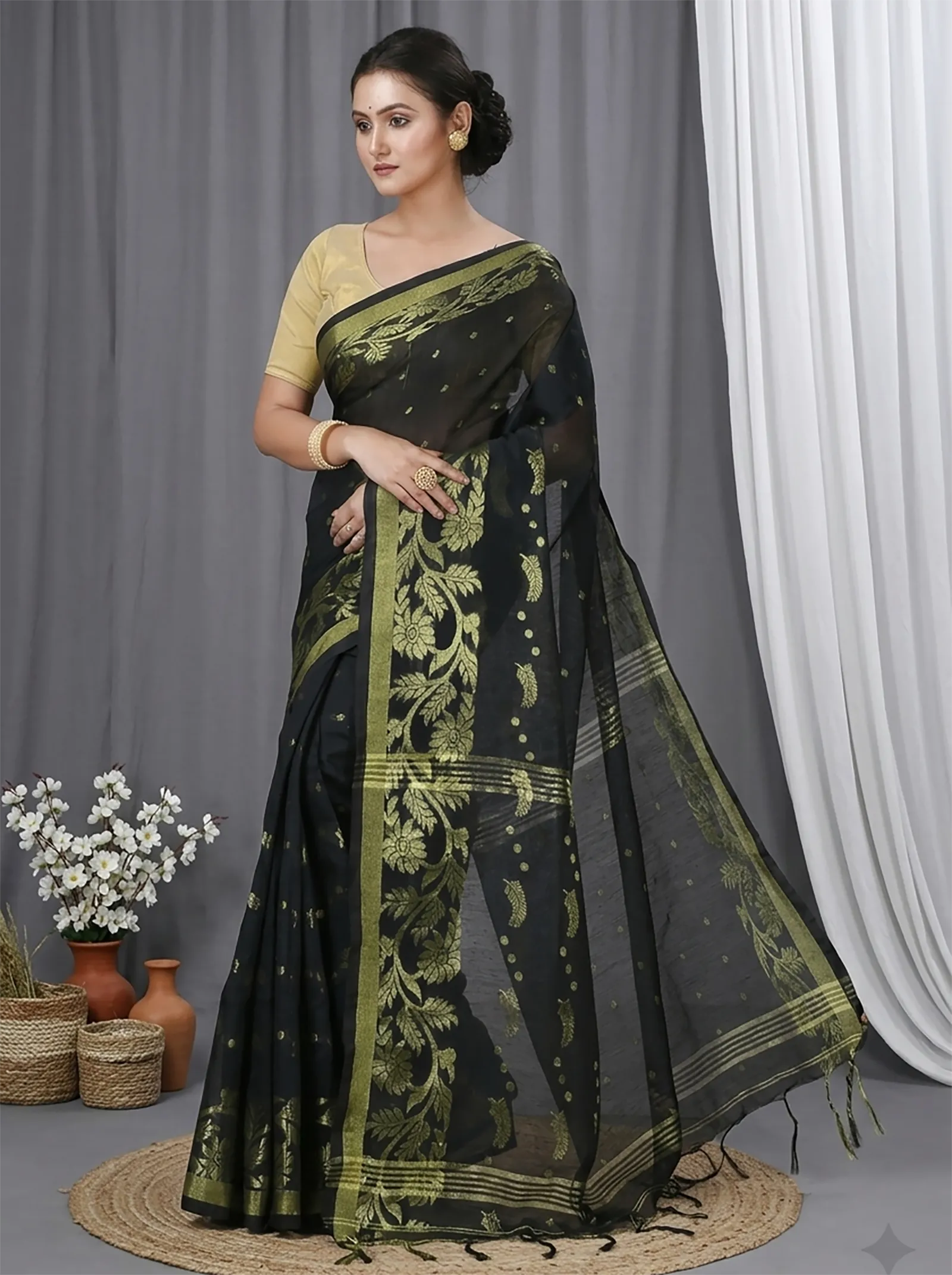 DipDiya Blended Cotton  Traditional Bengali Black Artisan Crafted Turik Handloom Saree
