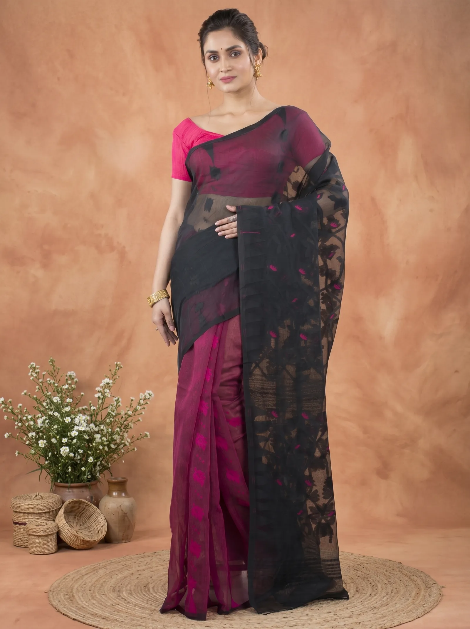 DipDiya Blended Cotton  Traditional Bengali Black Rani Artisan Crafted Moha Jamdani Jamdani Saree