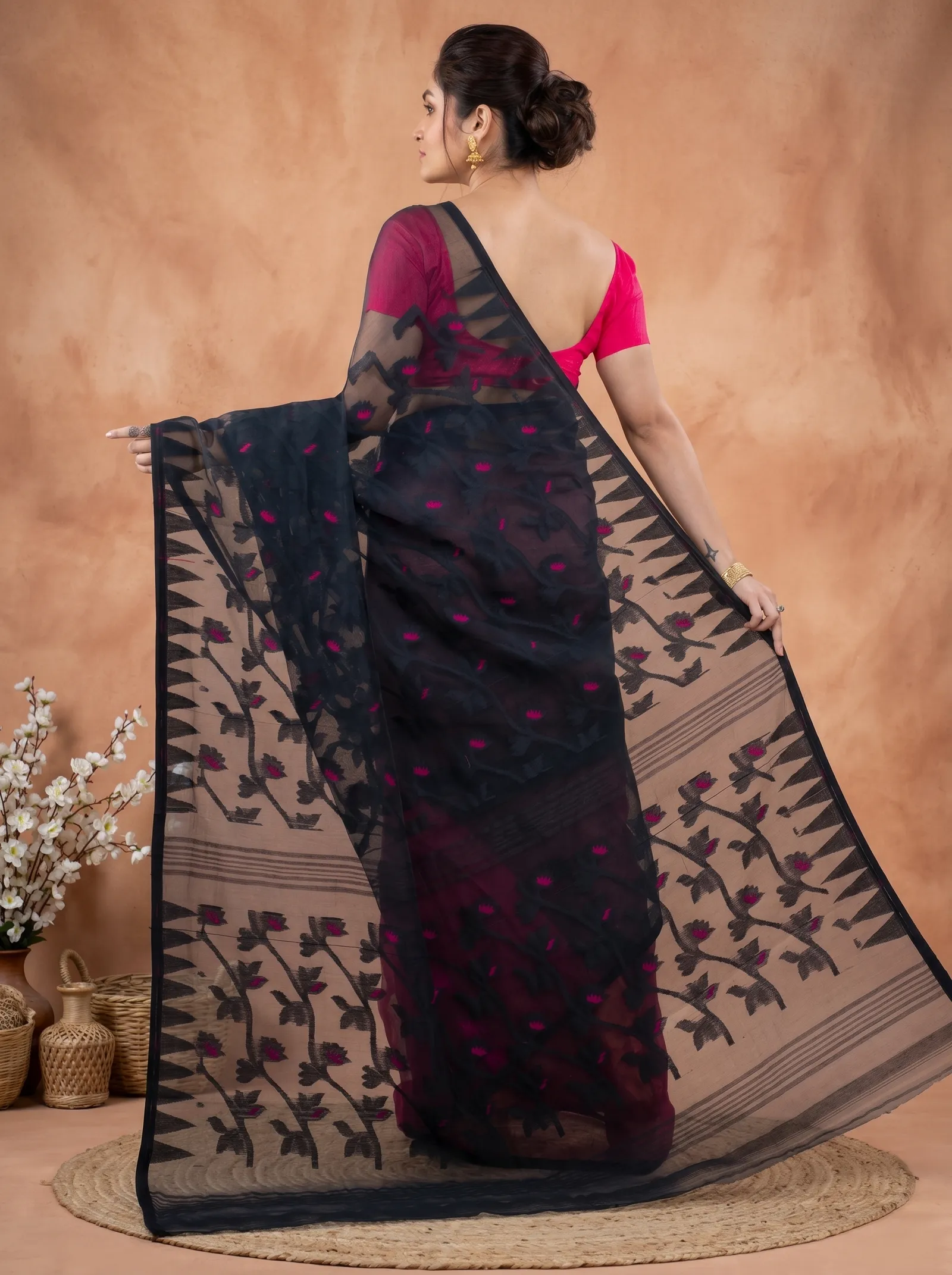 DipDiya Blended Cotton  Traditional Bengali Black Rani Artisan Crafted Moha Jamdani Jamdani Saree