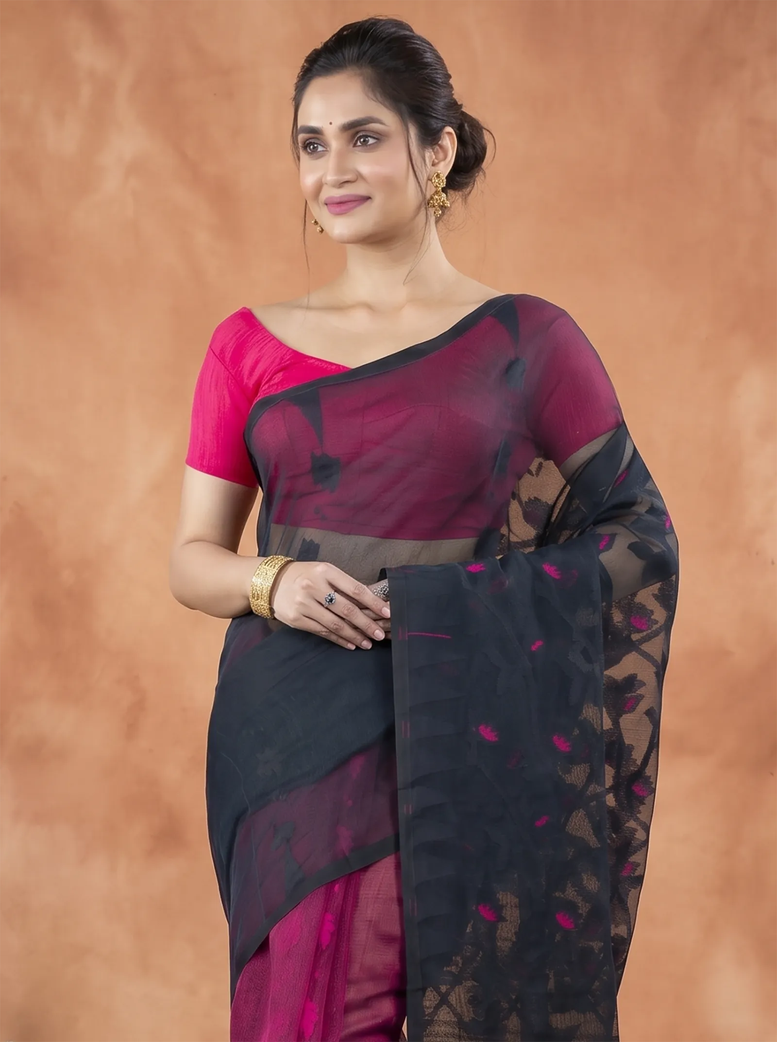 DipDiya Blended Cotton  Traditional Bengali Black Rani Artisan Crafted Moha Jamdani Jamdani Saree