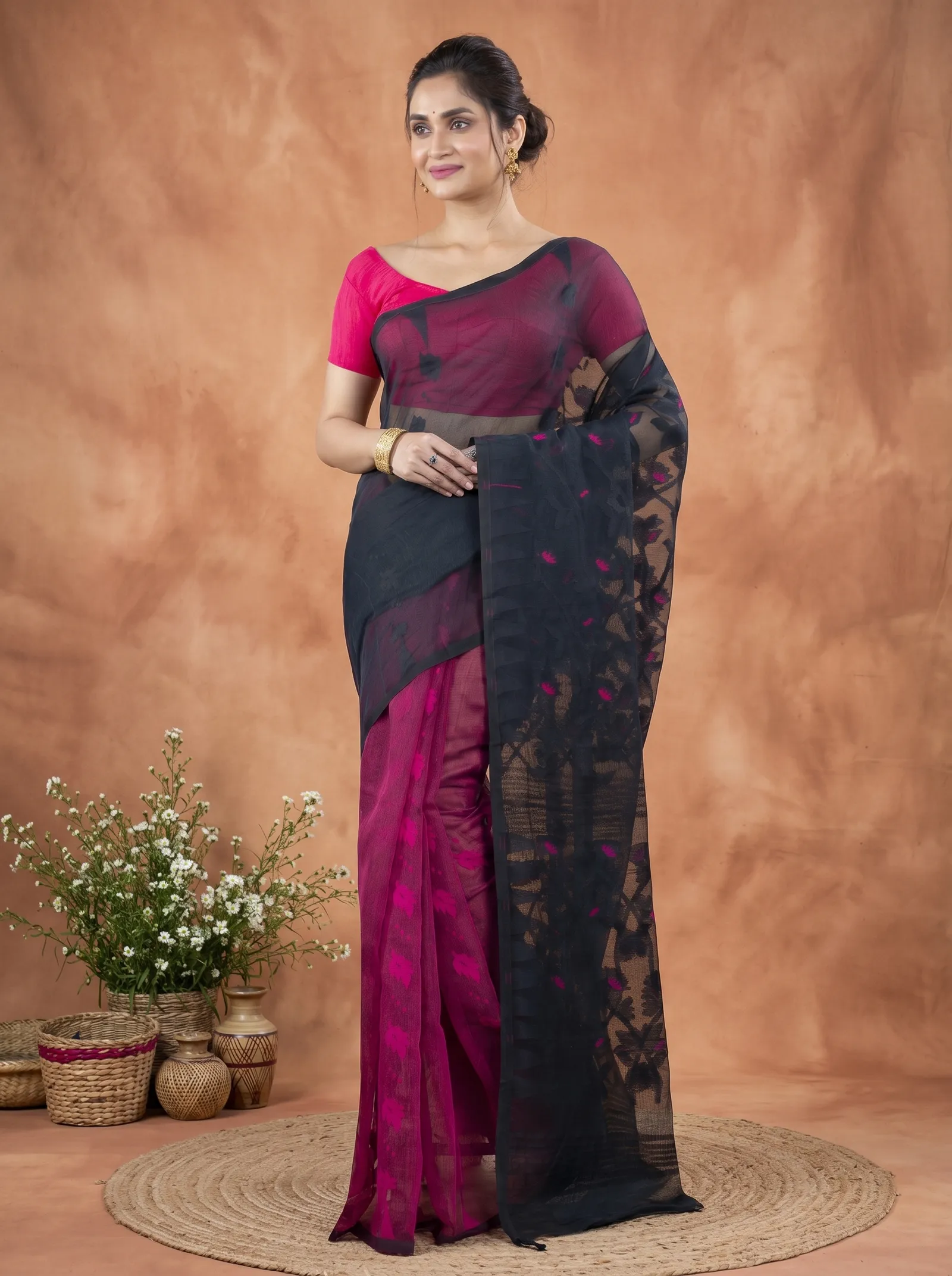 DipDiya Blended Cotton  Traditional Bengali Black Rani Artisan Crafted Moha Jamdani Jamdani Saree