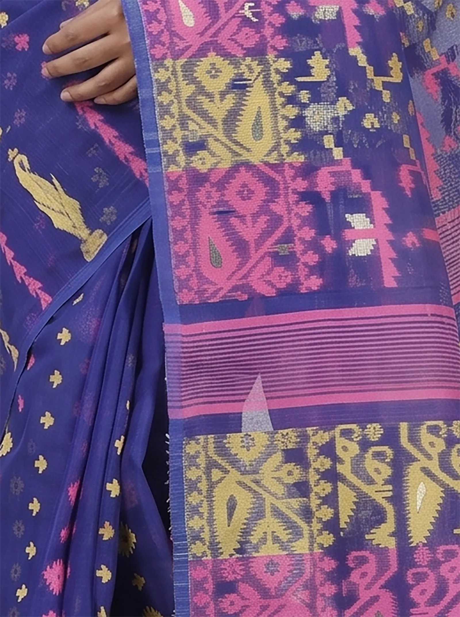 DipDiya Blended Cotton  Traditional Bengali Blue Artisan Crafted Jaya Jamdani Saree