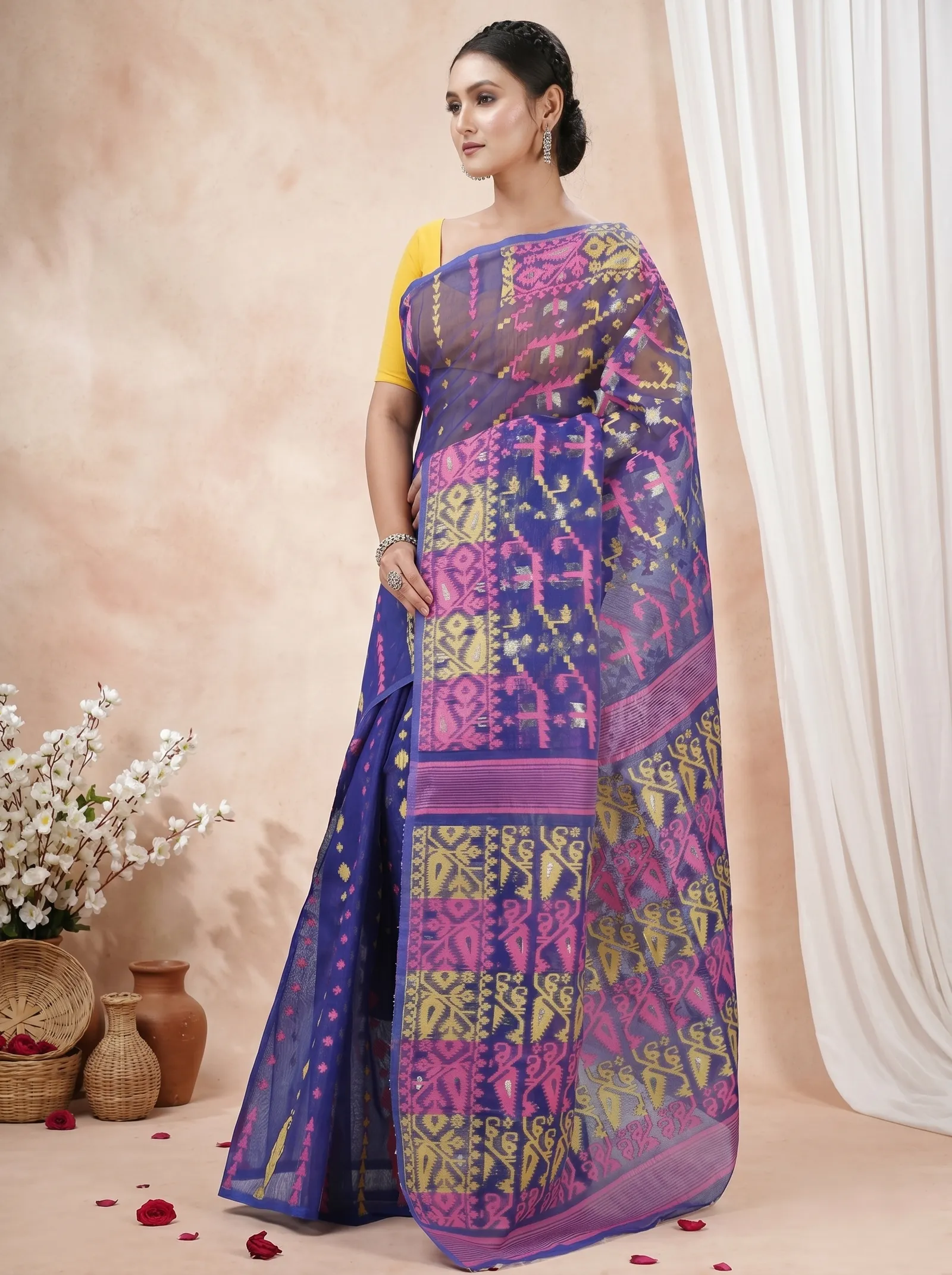DipDiya Blended Cotton  Traditional Bengali Blue Artisan Crafted Jaya Jamdani Saree