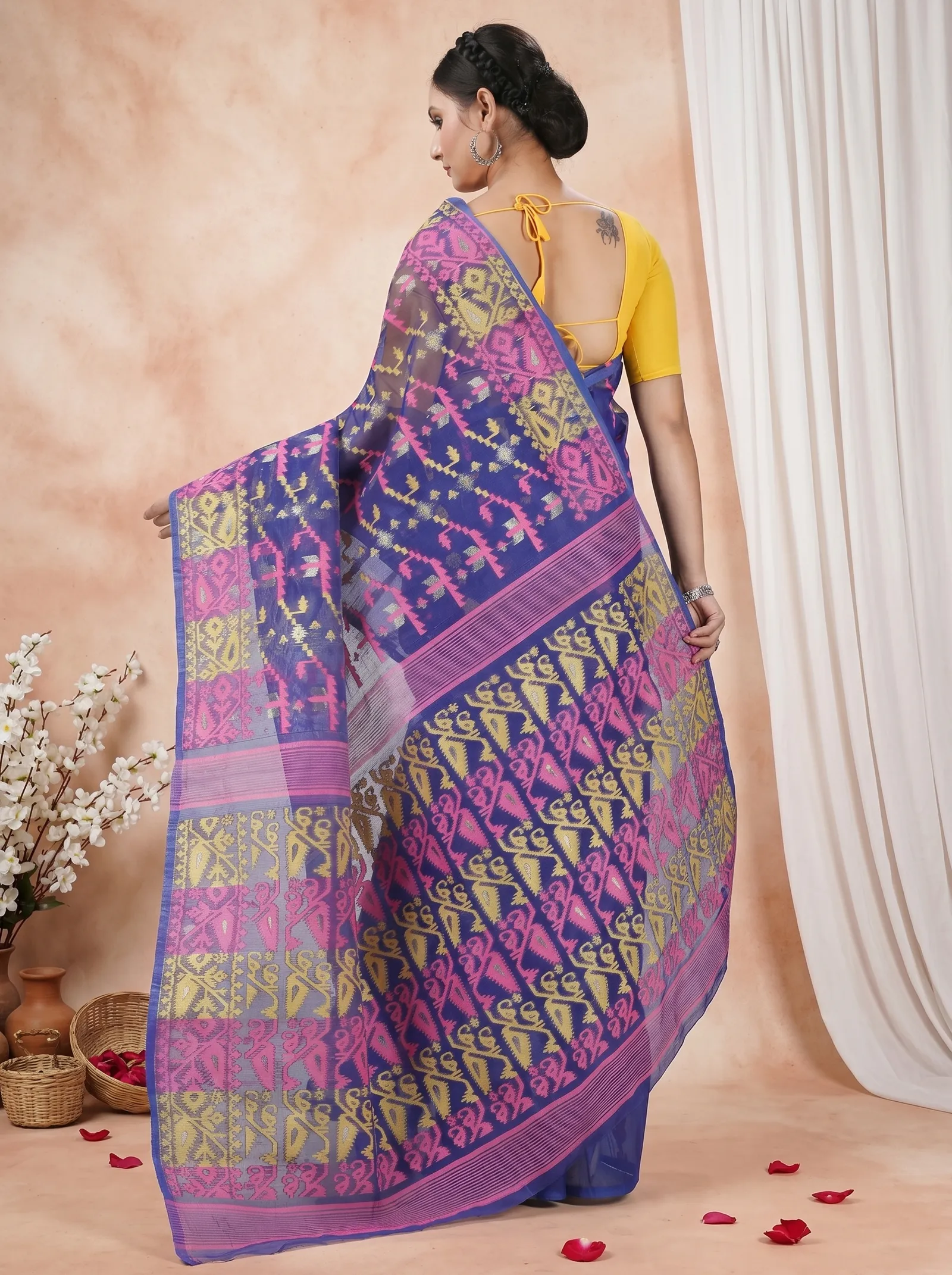 DipDiya Blended Cotton  Traditional Bengali Blue Artisan Crafted Jaya Jamdani Saree