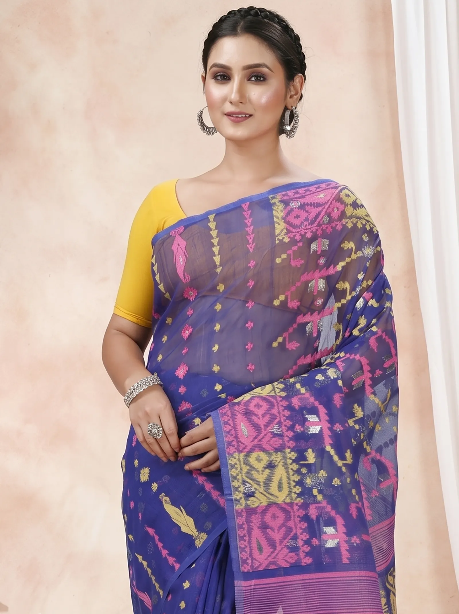 DipDiya Blended Cotton  Traditional Bengali Blue Artisan Crafted Jaya Jamdani Saree