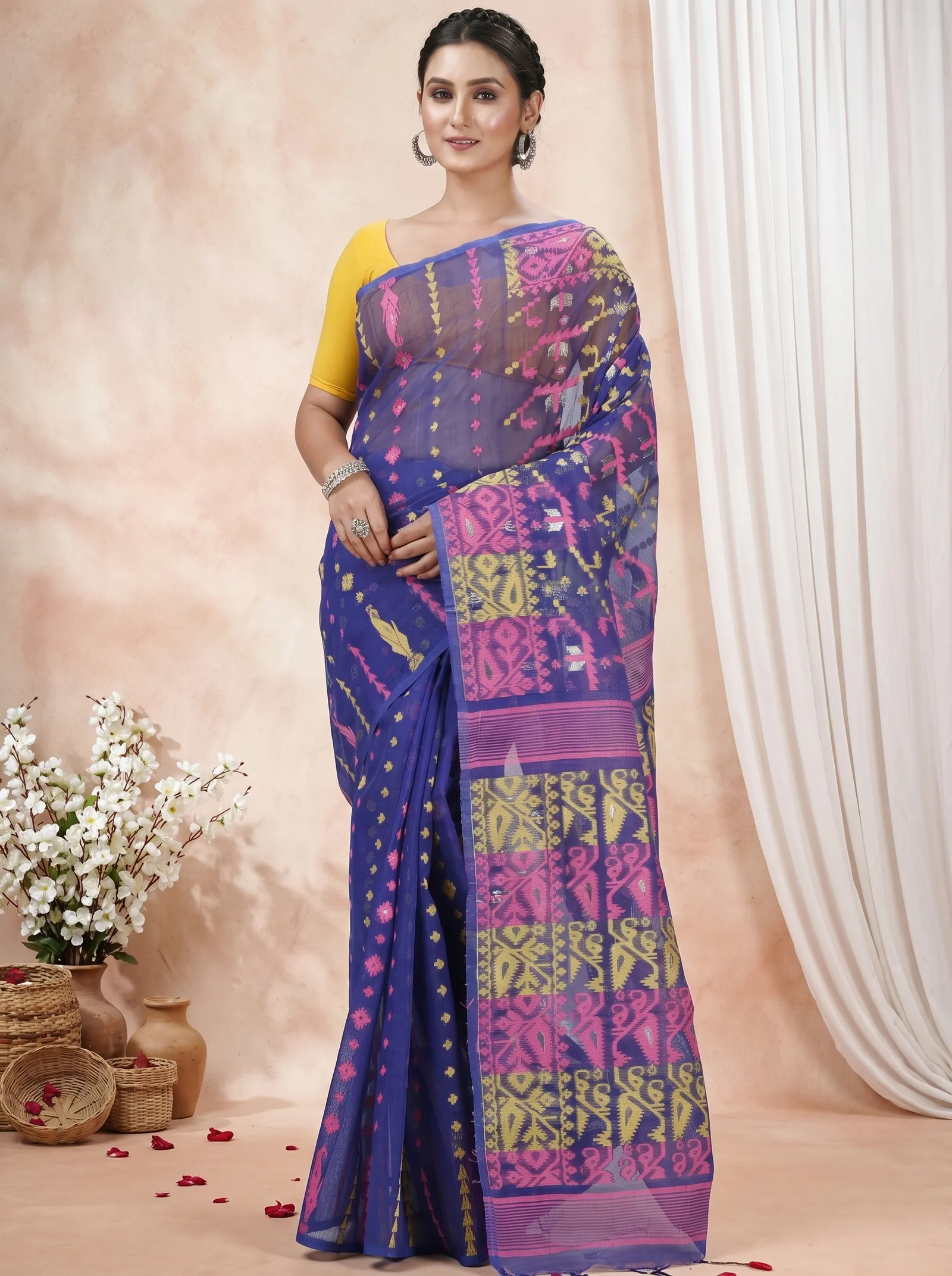 DipDiya Blended Cotton  Traditional Bengali Blue Artisan Crafted Jaya Jamdani Saree