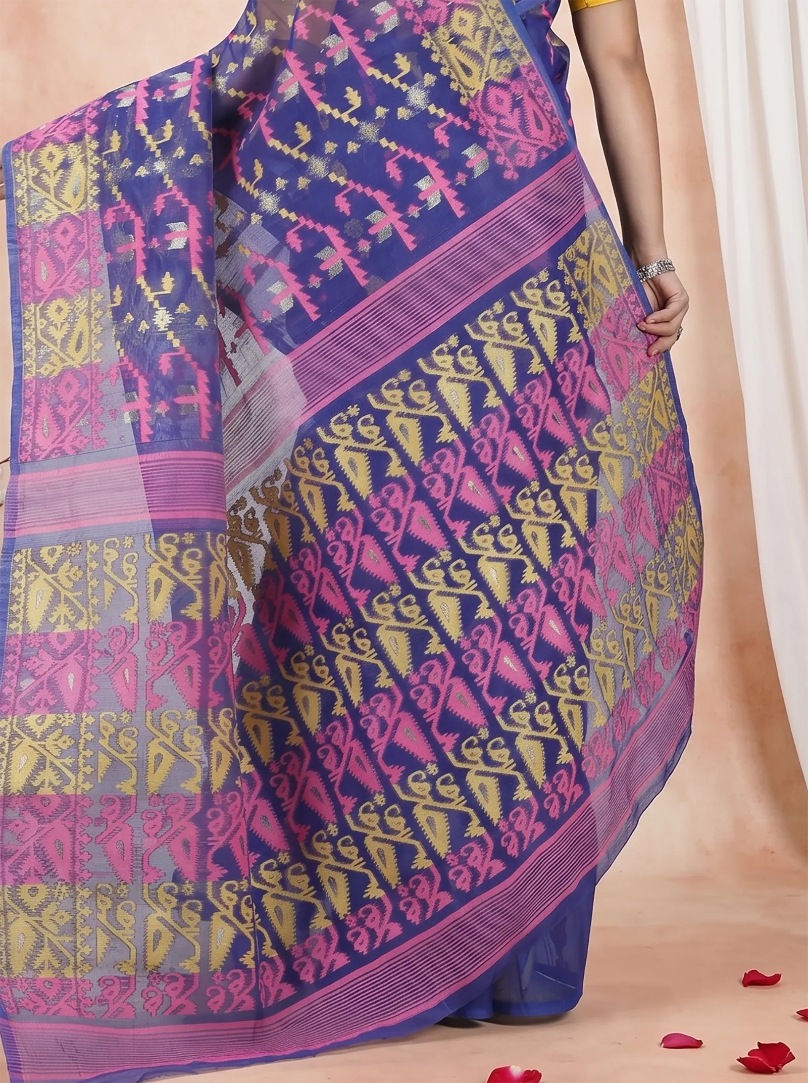 DipDiya Blended Cotton  Traditional Bengali Blue Artisan Crafted Jaya Jamdani Saree