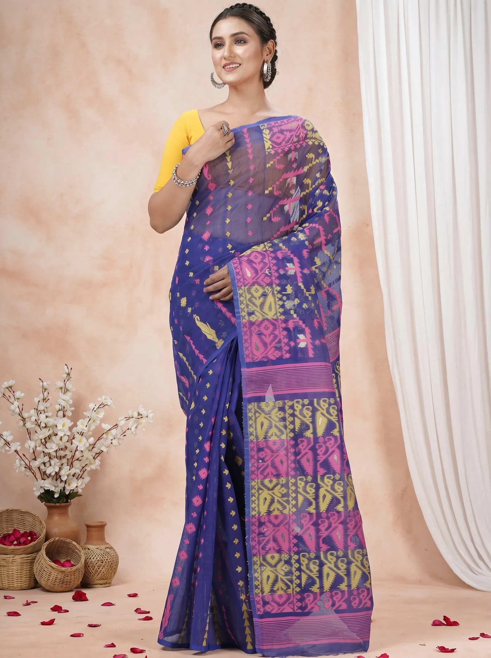 DipDiya Blended Cotton  Traditional Bengali Blue Artisan Crafted Jaya Jamdani Saree