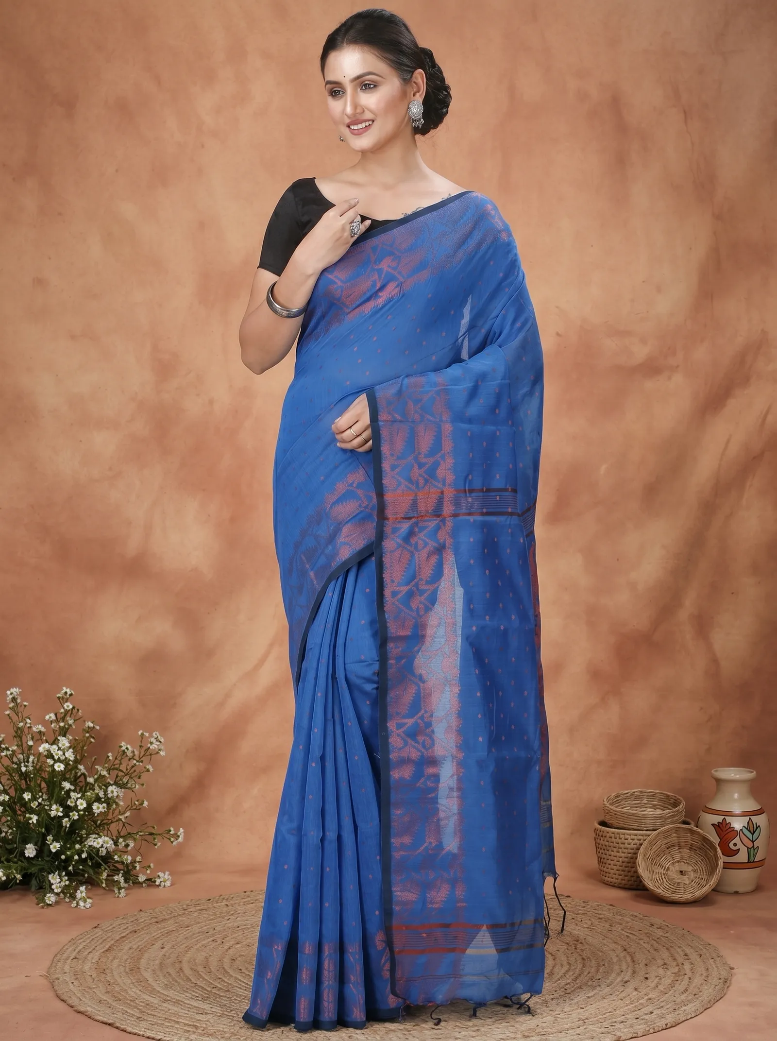 DipDiya Blended Cotton  Traditional Bengali Blue Artisan Crafted Temo Handloom Saree