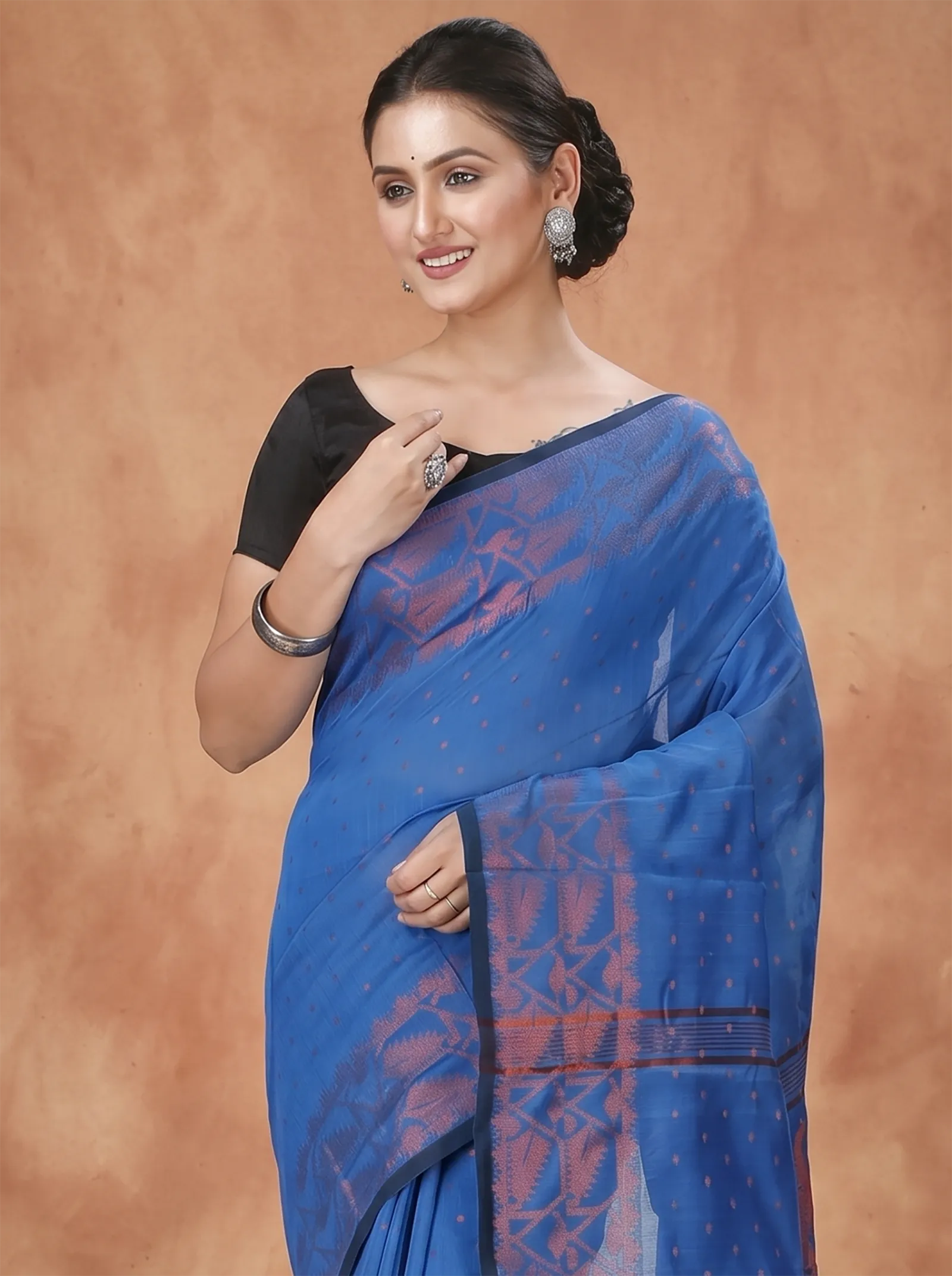 DipDiya Blended Cotton  Traditional Bengali Blue Artisan Crafted Temo Handloom Saree