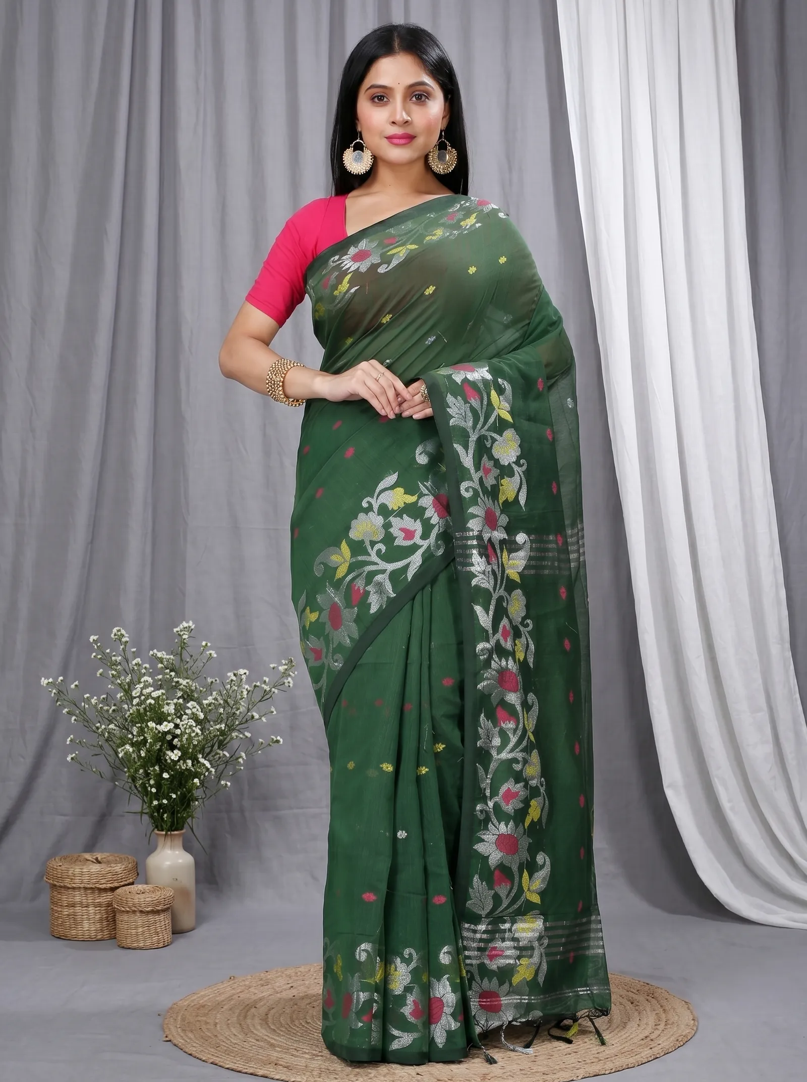 DipDiya Blended Cotton  Traditional Bengali Botel Green Artisan Crafted Nisa Handloom Saree