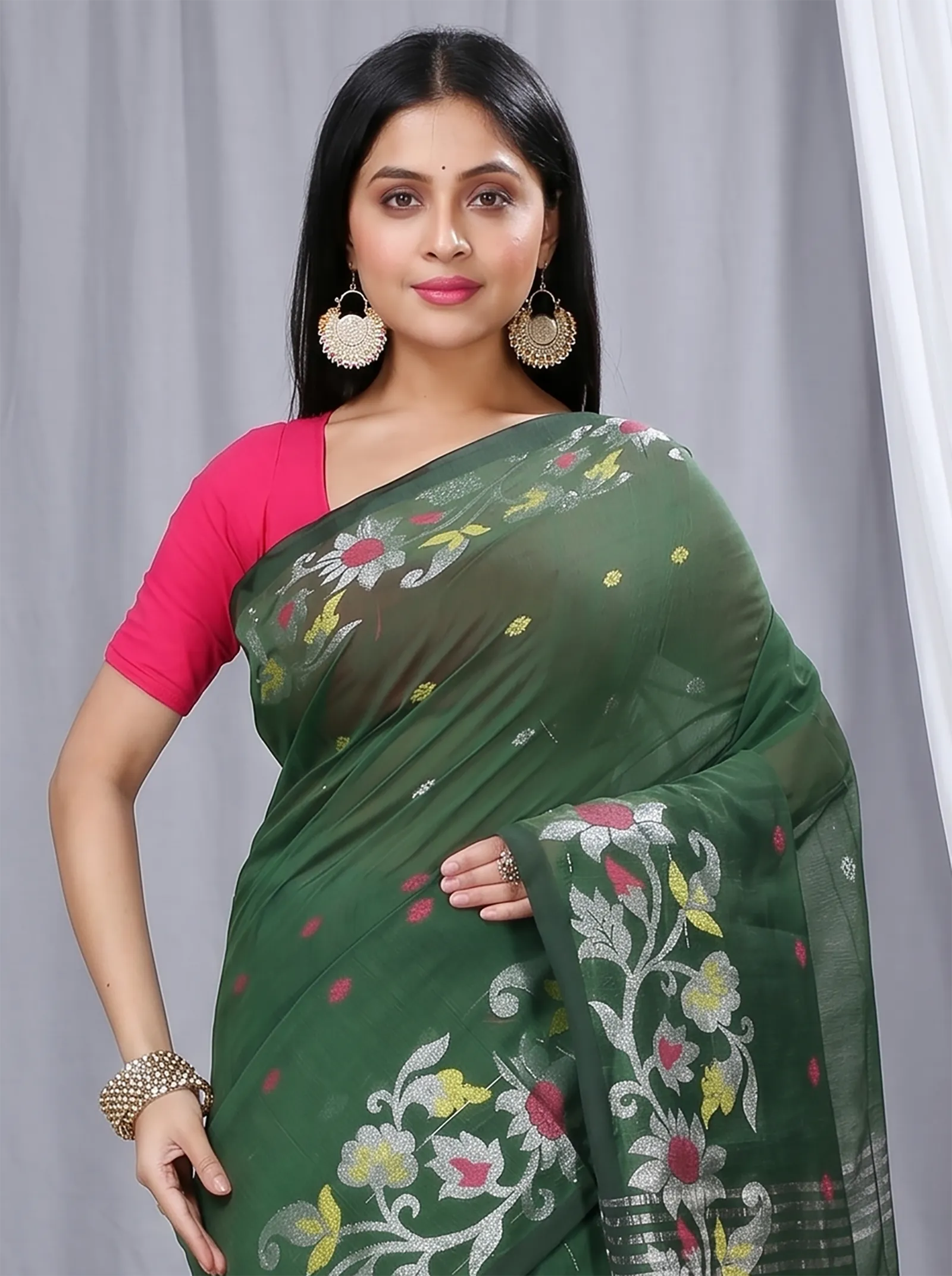 DipDiya Blended Cotton  Traditional Bengali Botel Green Artisan Crafted Nisa Handloom Saree