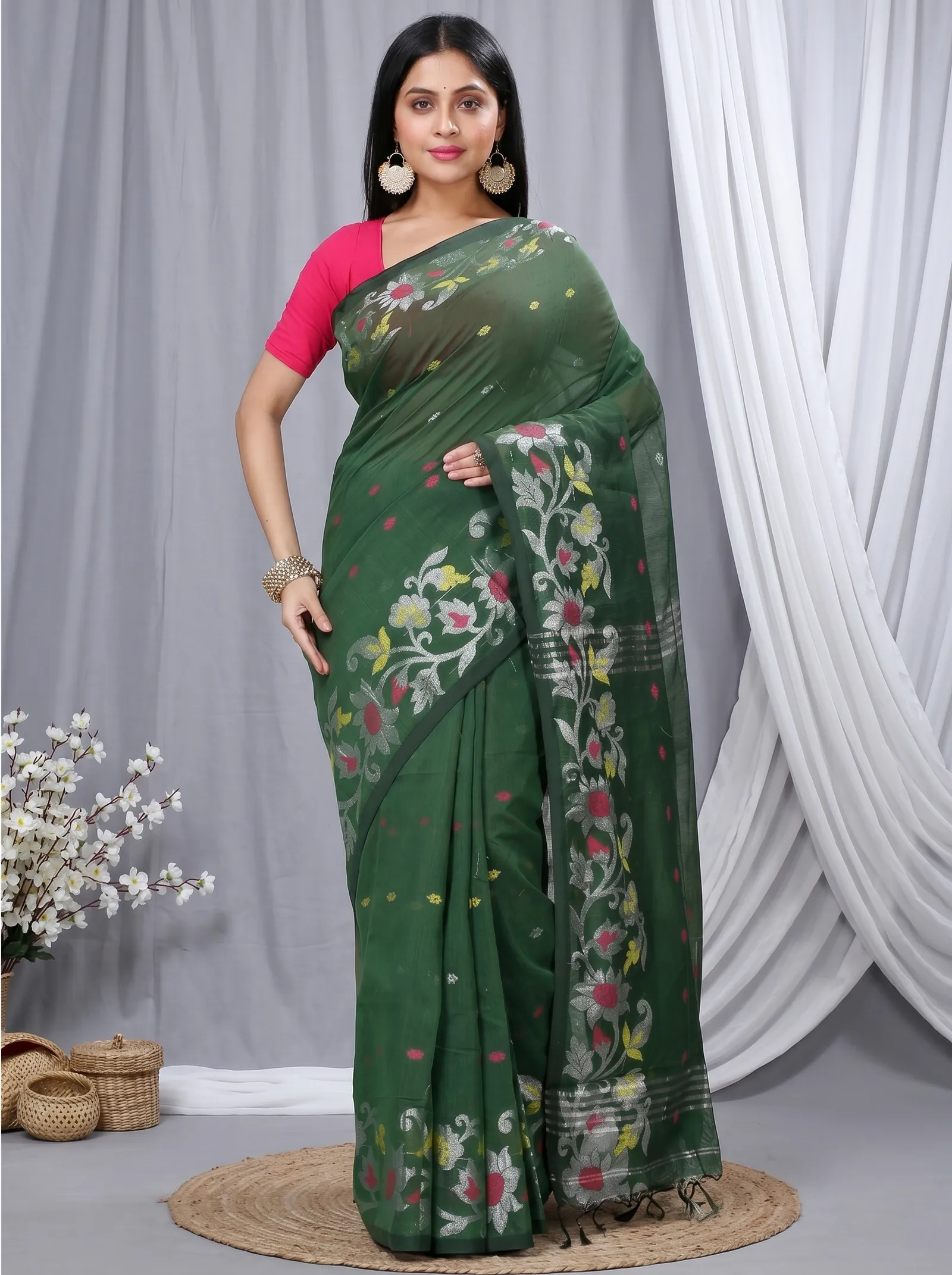 DipDiya Blended Cotton  Traditional Bengali Botel Green Artisan Crafted Nisa Handloom Saree