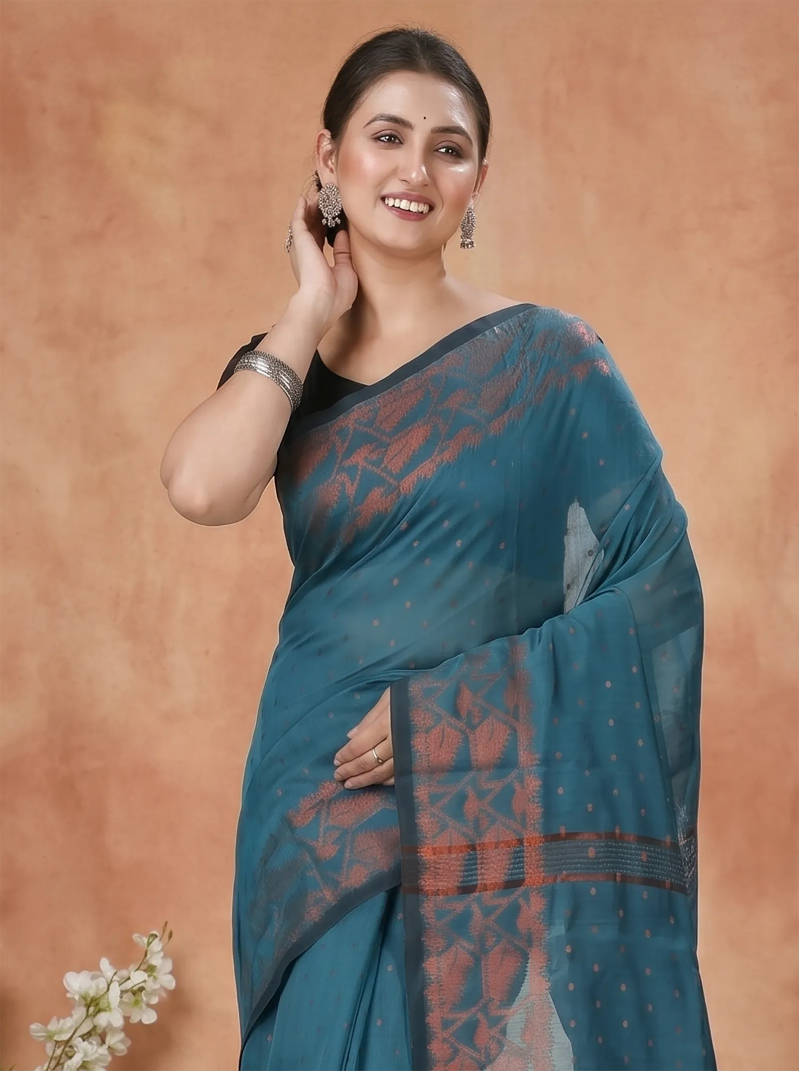 DipDiya Blended Cotton  Traditional Bengali Botel Green Artisan Crafted Temo Handloom Saree