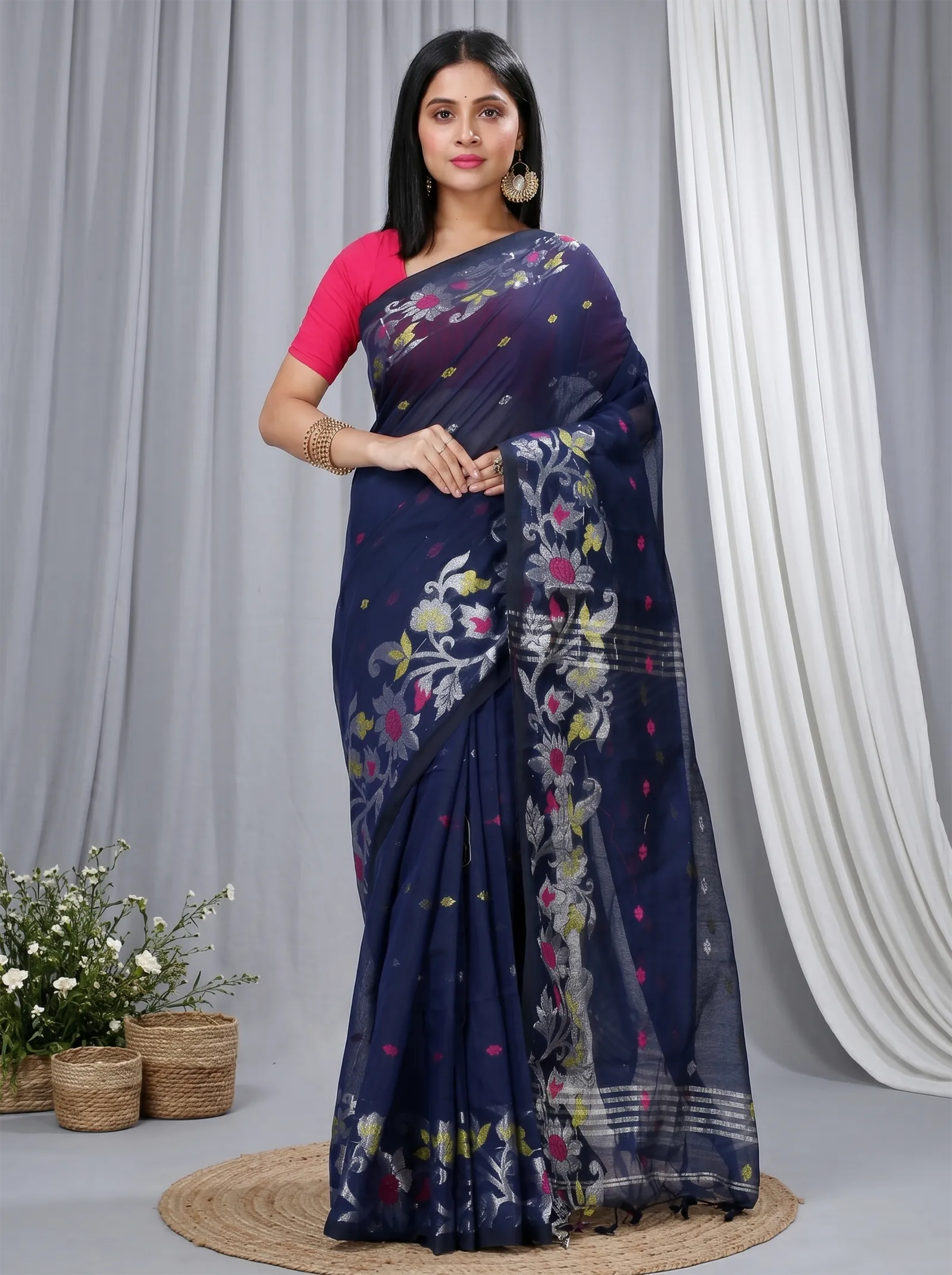DipDiya Blended Cotton  Traditional Bengali Dark Blue Artisan Crafted Nisa Handloom Saree