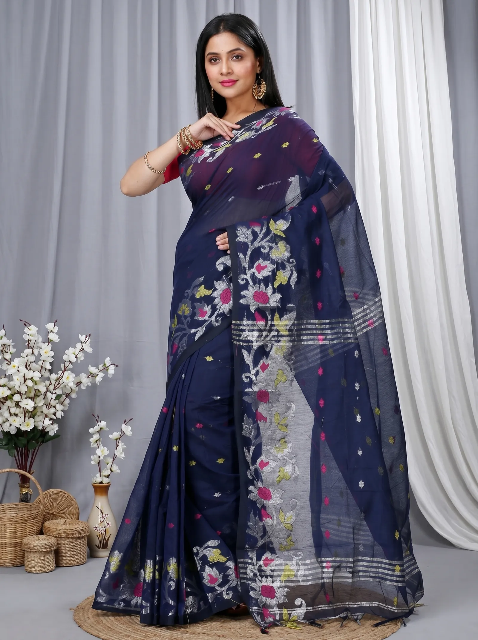 DipDiya Blended Cotton  Traditional Bengali Dark Blue Artisan Crafted Nisa Handloom Saree