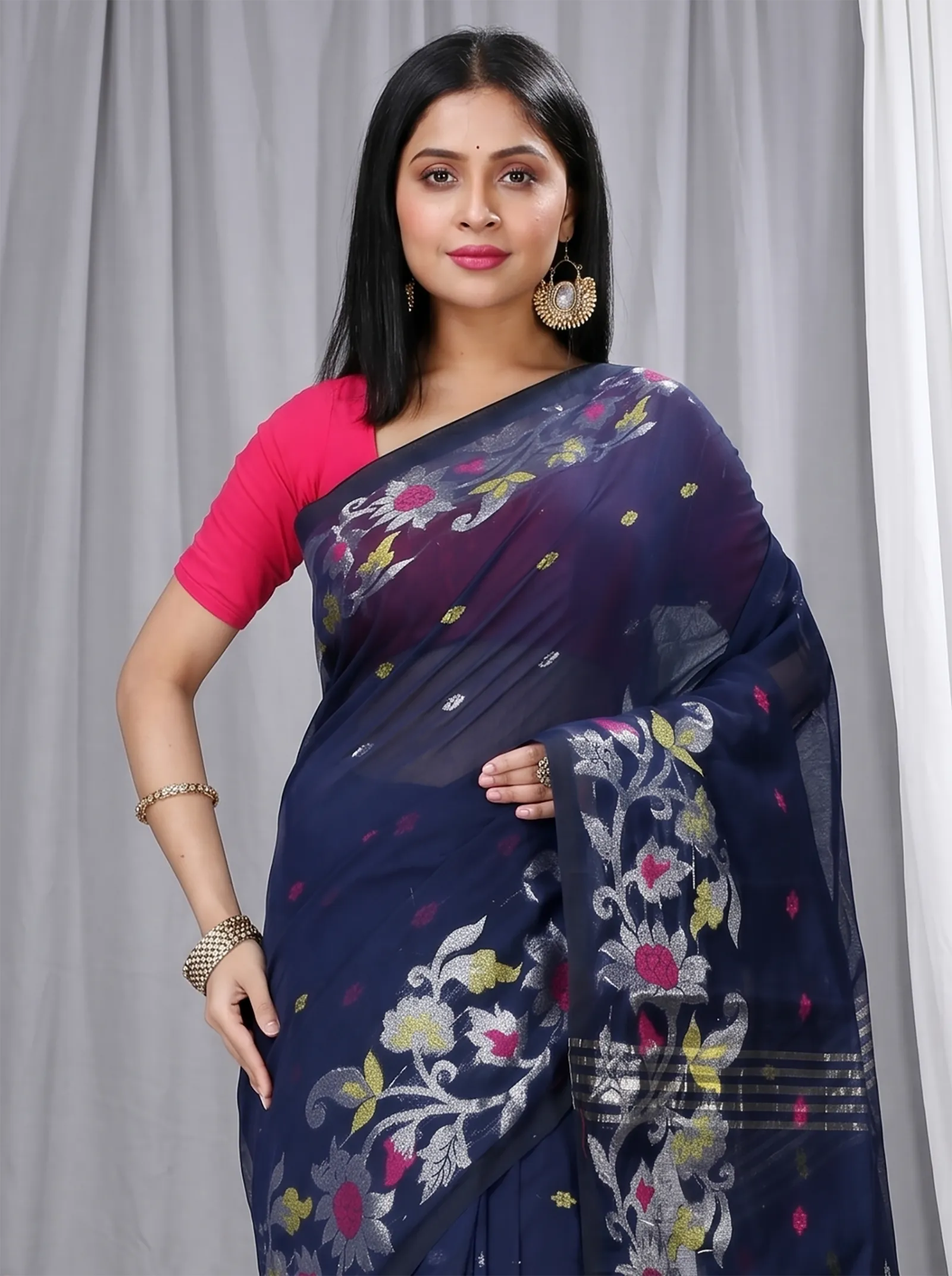 DipDiya Blended Cotton  Traditional Bengali Dark Blue Artisan Crafted Nisa Handloom Saree