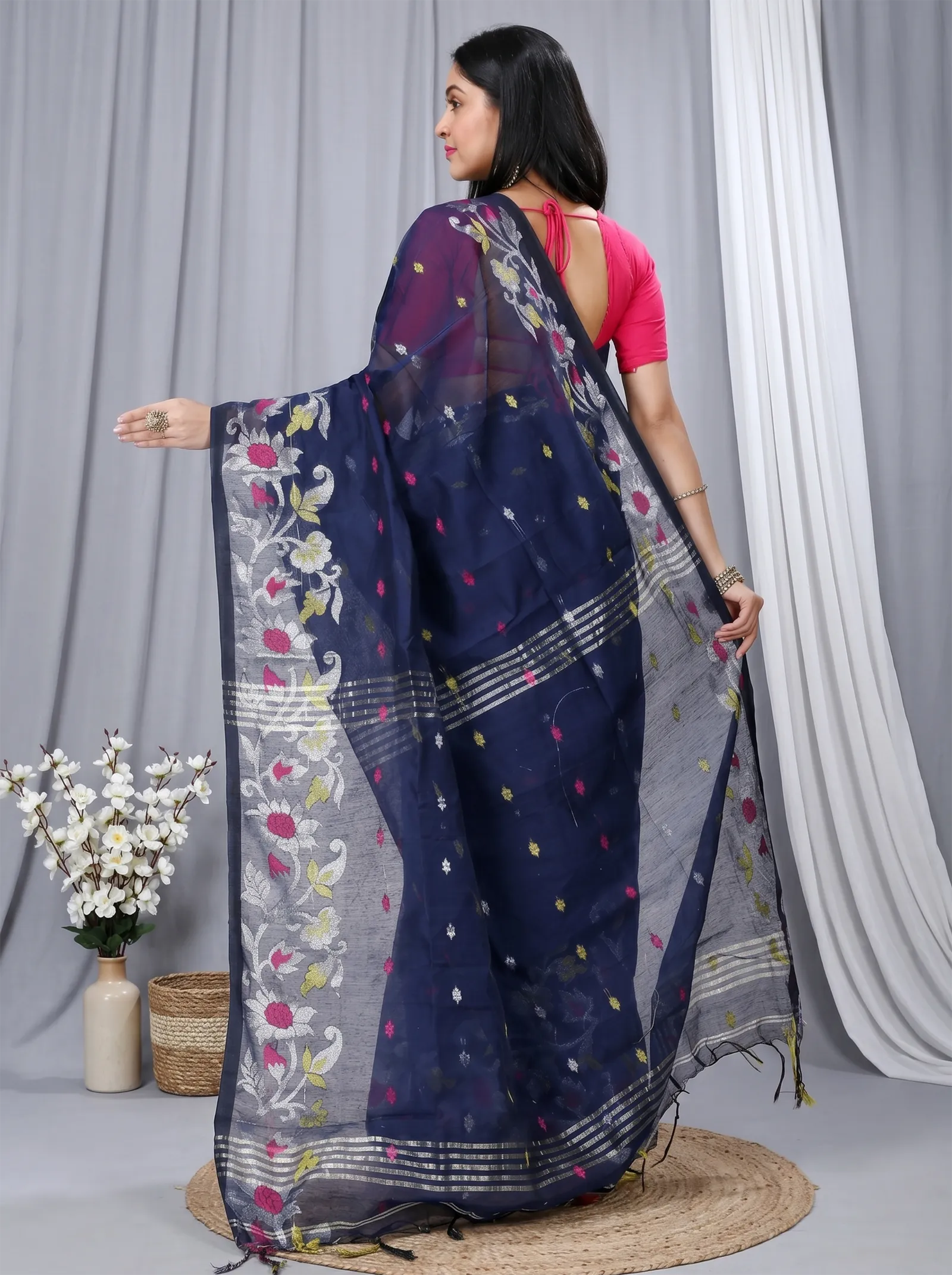 DipDiya Blended Cotton  Traditional Bengali Dark Blue Artisan Crafted Nisa Handloom Saree