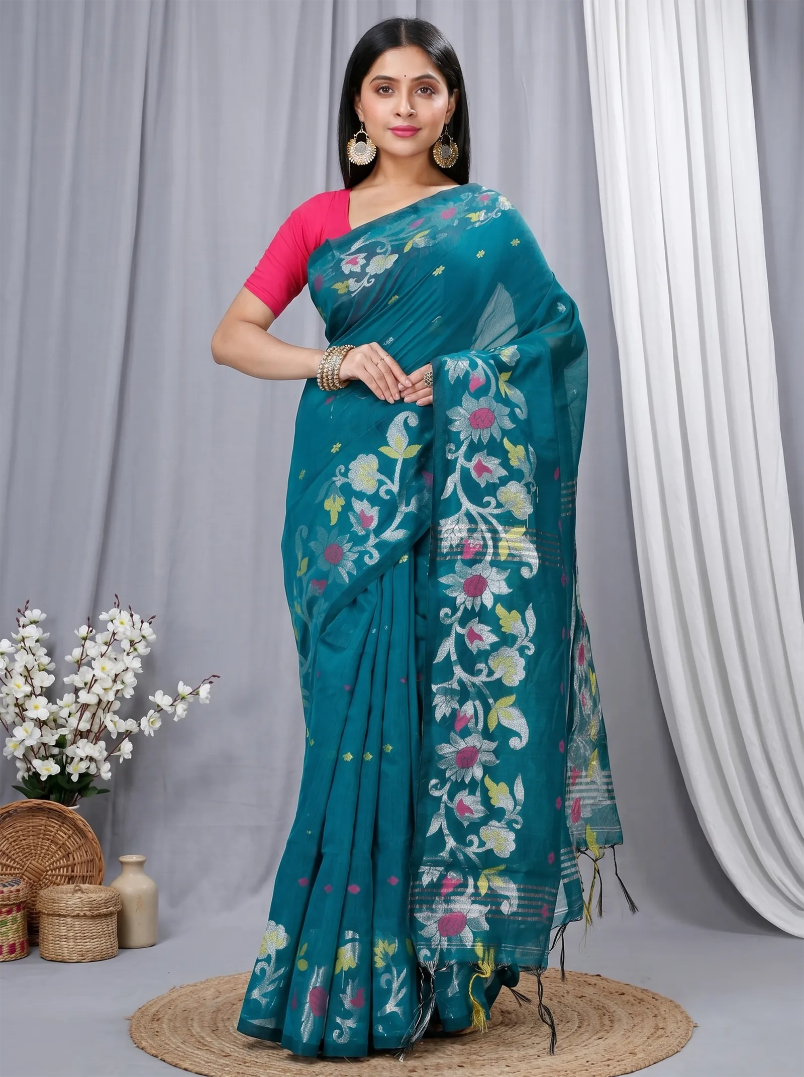 DipDiya Blended Cotton  Traditional Bengali Dark Green Artisan Crafted Nisa Handloom Saree