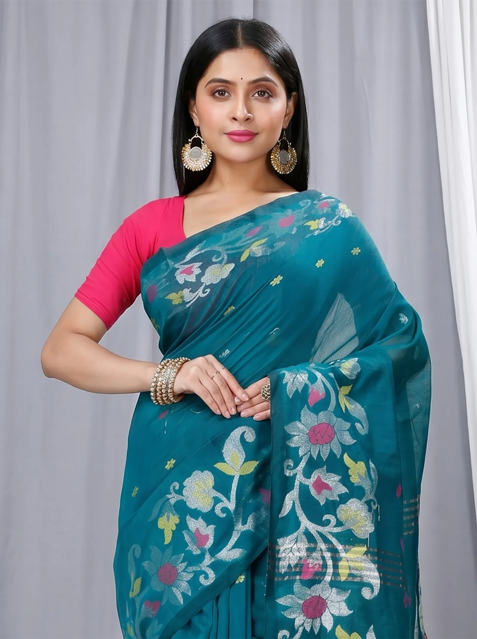 DipDiya Blended Cotton  Traditional Bengali Dark Green Artisan Crafted Nisa Handloom Saree