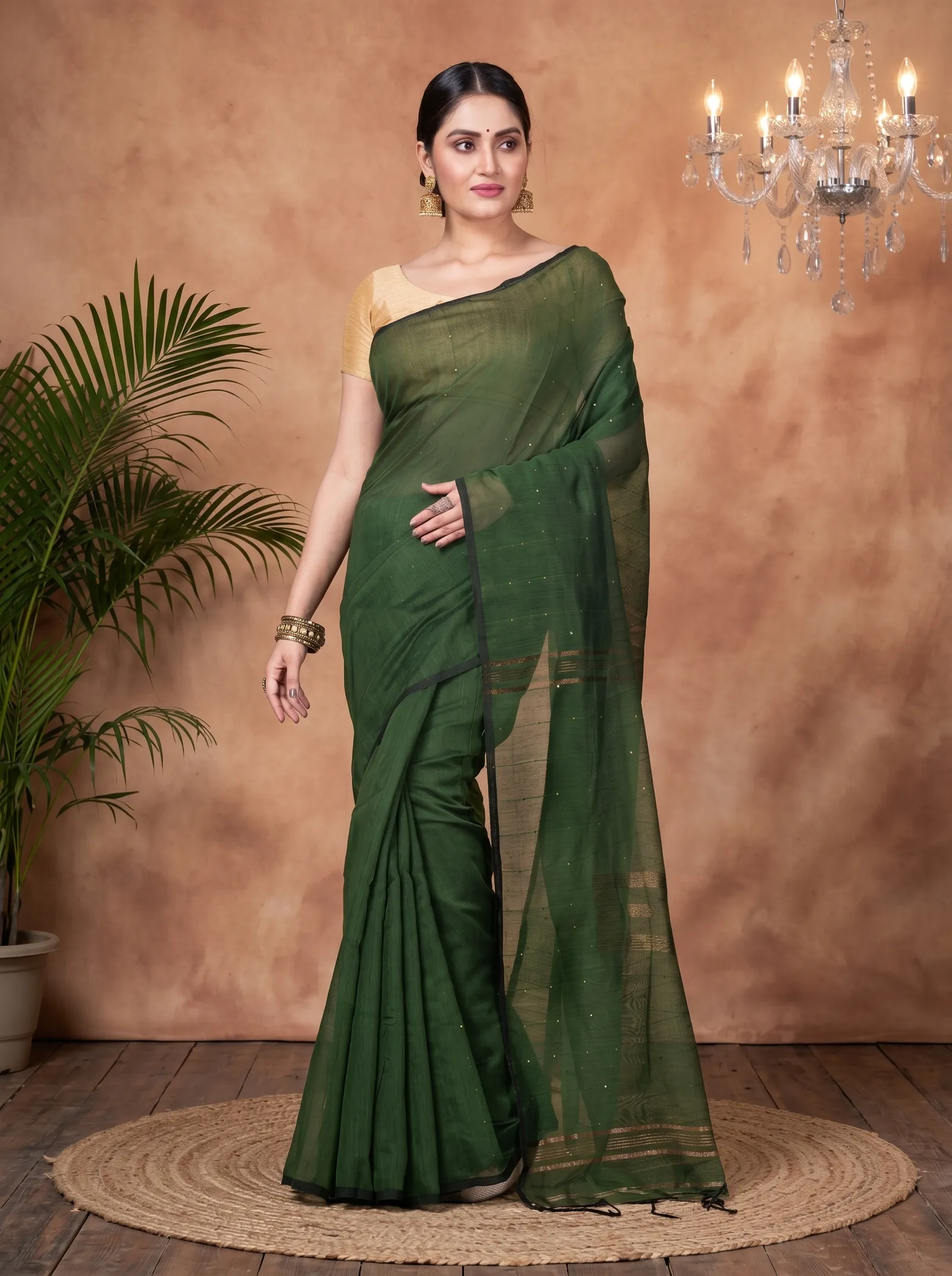 DipDiya Blended Cotton  Traditional Bengali Dark Green Artisan Crafted Sequence Handloom Saree