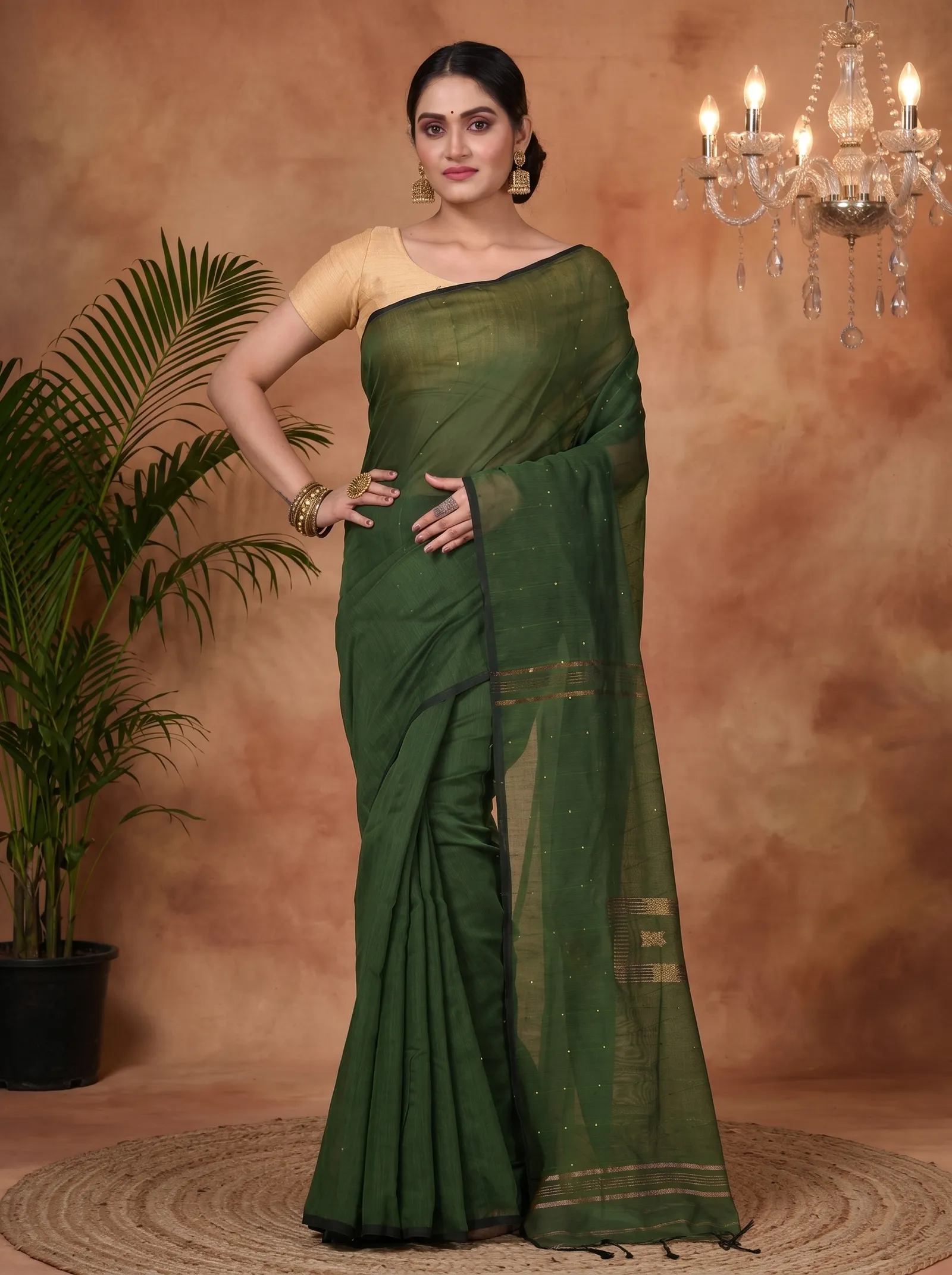 DipDiya Blended Cotton  Traditional Bengali Dark Green Artisan Crafted Sequence Handloom Saree