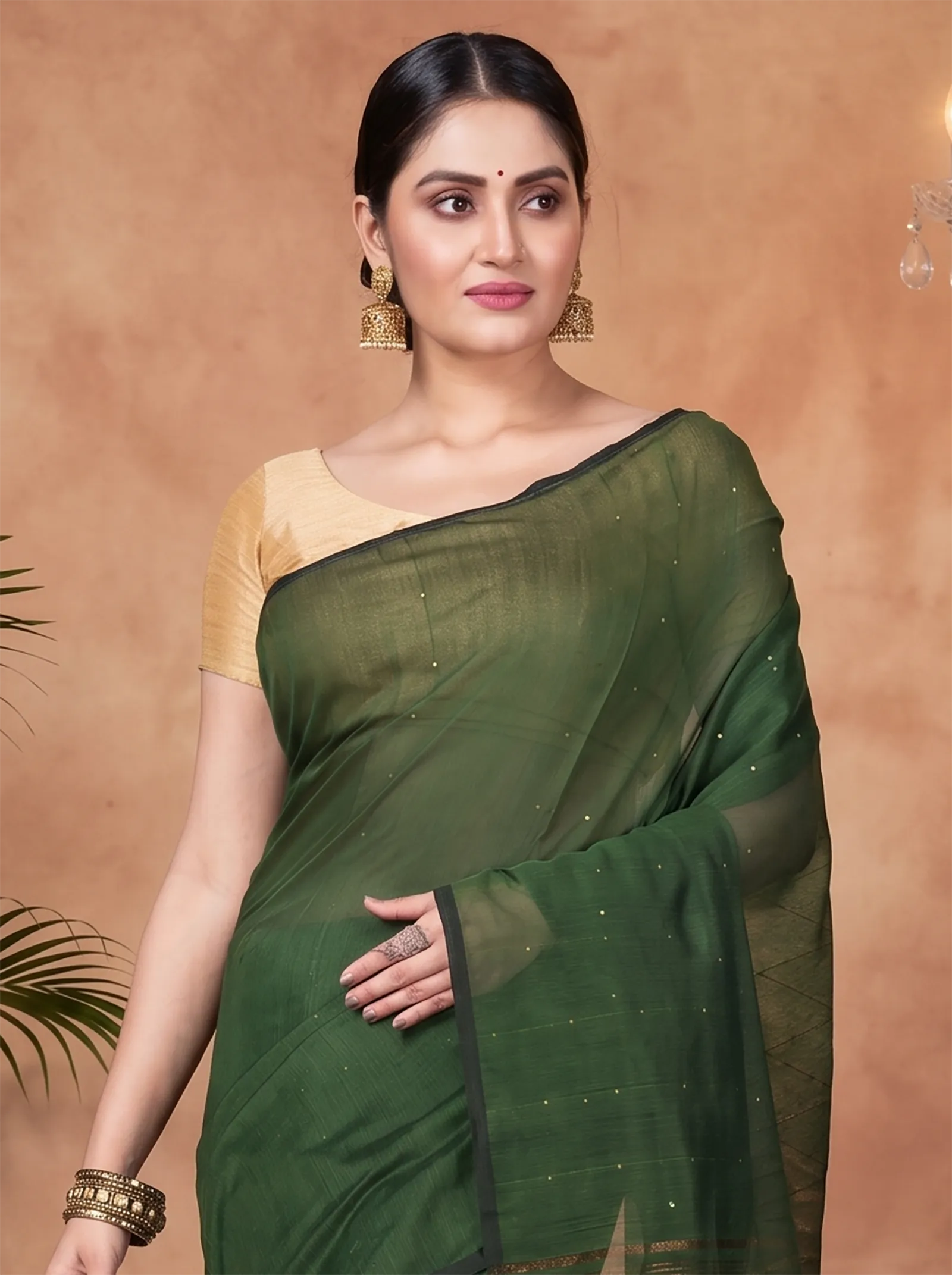 DipDiya Blended Cotton  Traditional Bengali Dark Green Artisan Crafted Sequence Handloom Saree