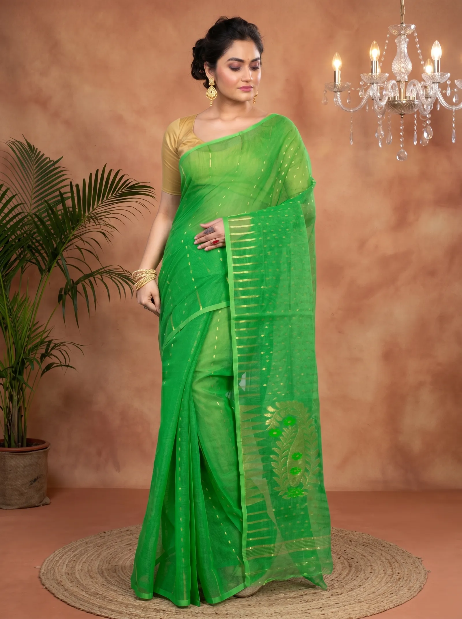 DipDiya Blended Cotton  Traditional Bengali Green Artisan Crafted HALF JAMDINE Jamdani Saree